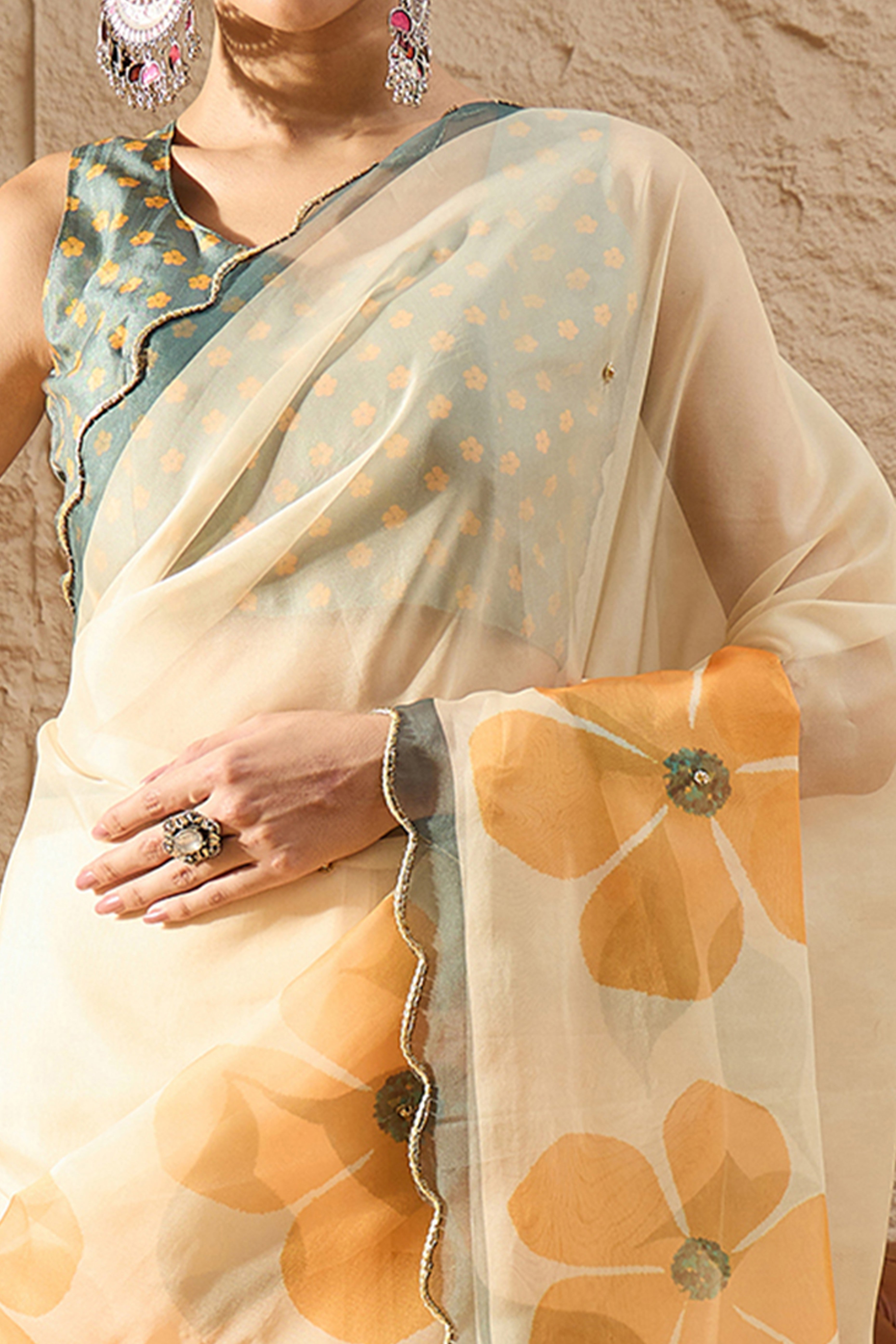 Cream Floral Printed Saree in Sheer Organza Blend Fabric with Handcrafted Beads Work