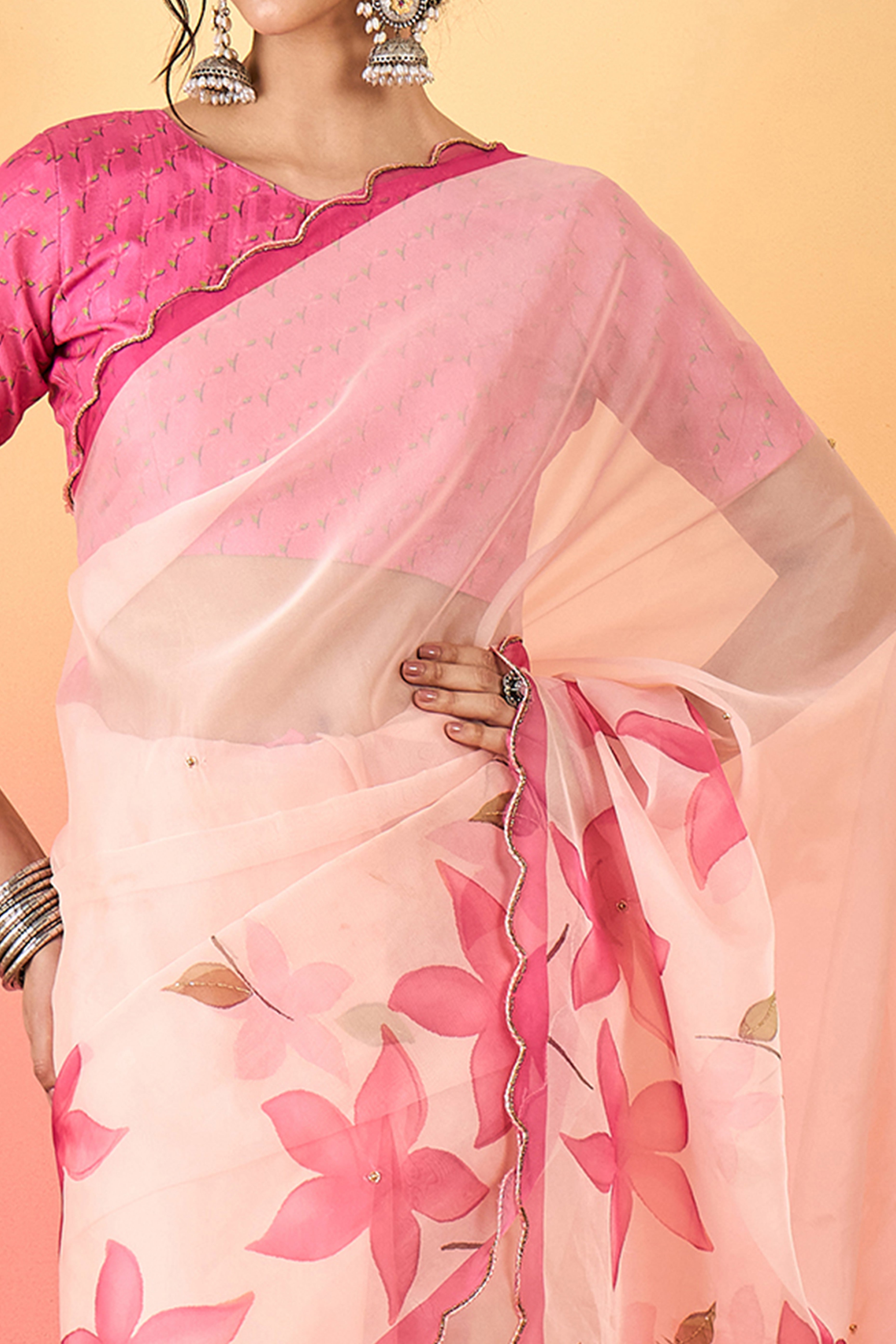 Gorgeous Pink Floral Printed Saree in Sheer Organza Blend Fabric with Handcrafted Beads Work