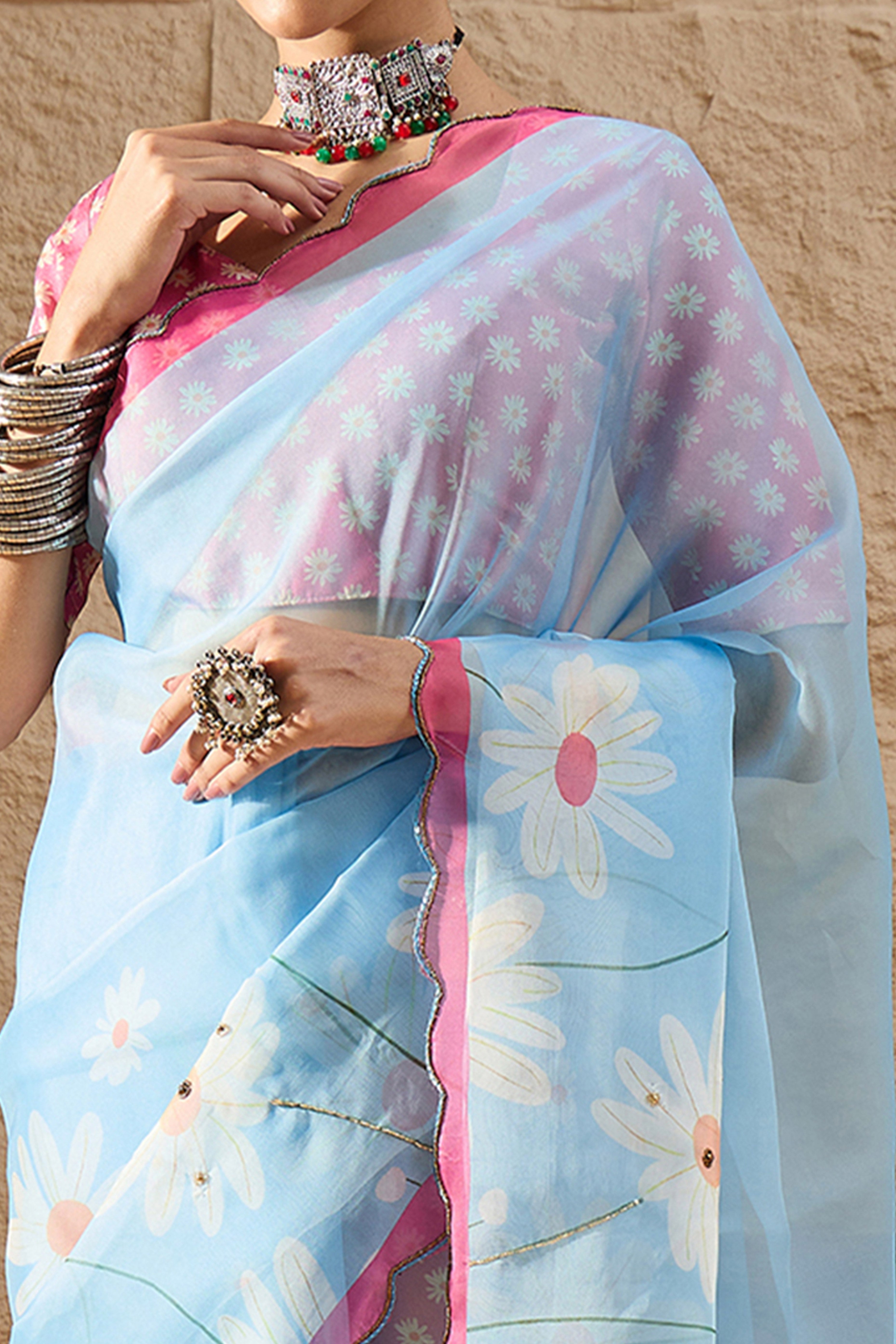 Sky Blue Floral Printed Saree in Sheer Organza Blend Fabric with Handcrafted Beads Work