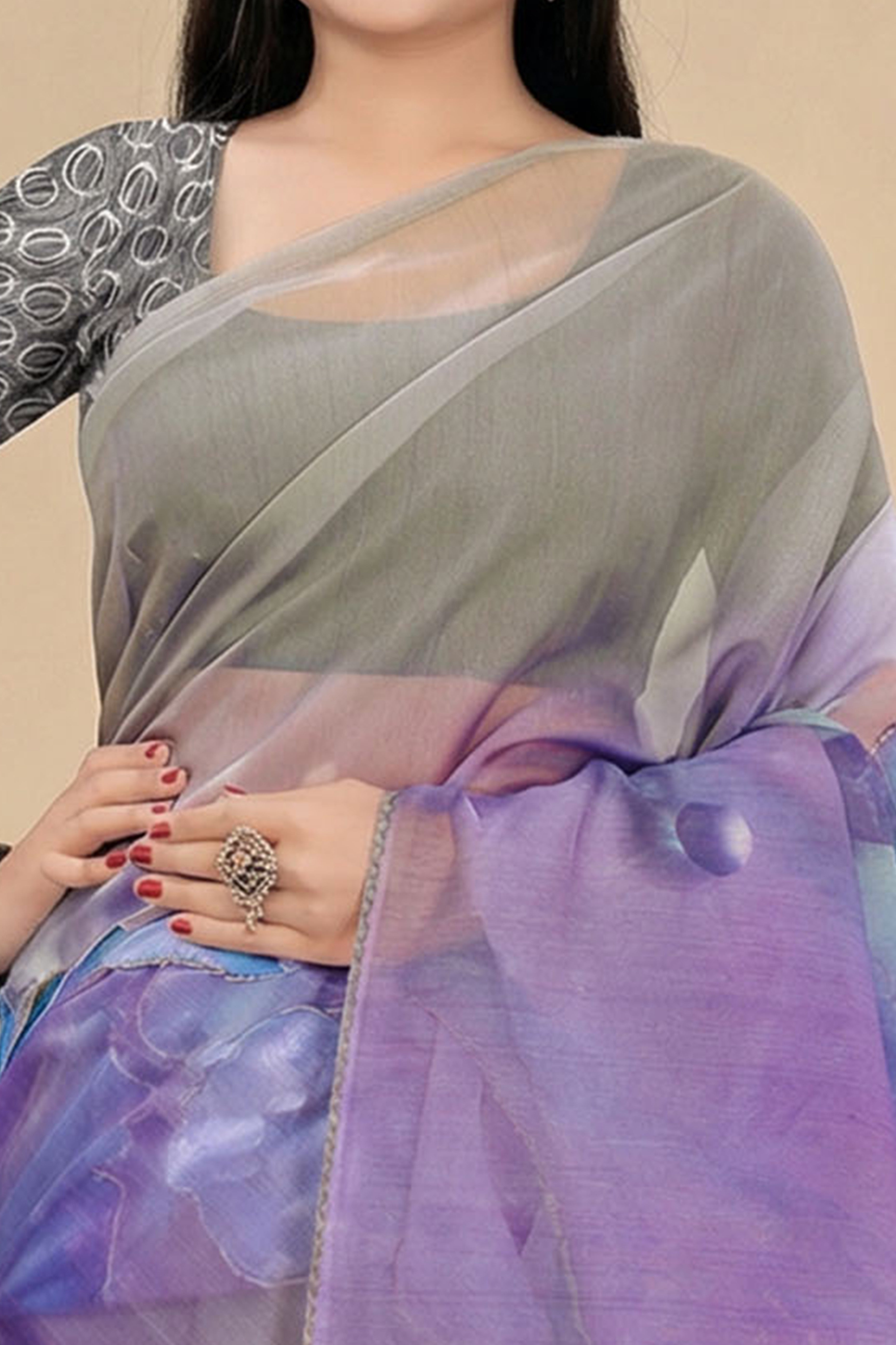 Grey Beads Work Saree Flowy Organza Blend All Over Floral Print Festive Wear