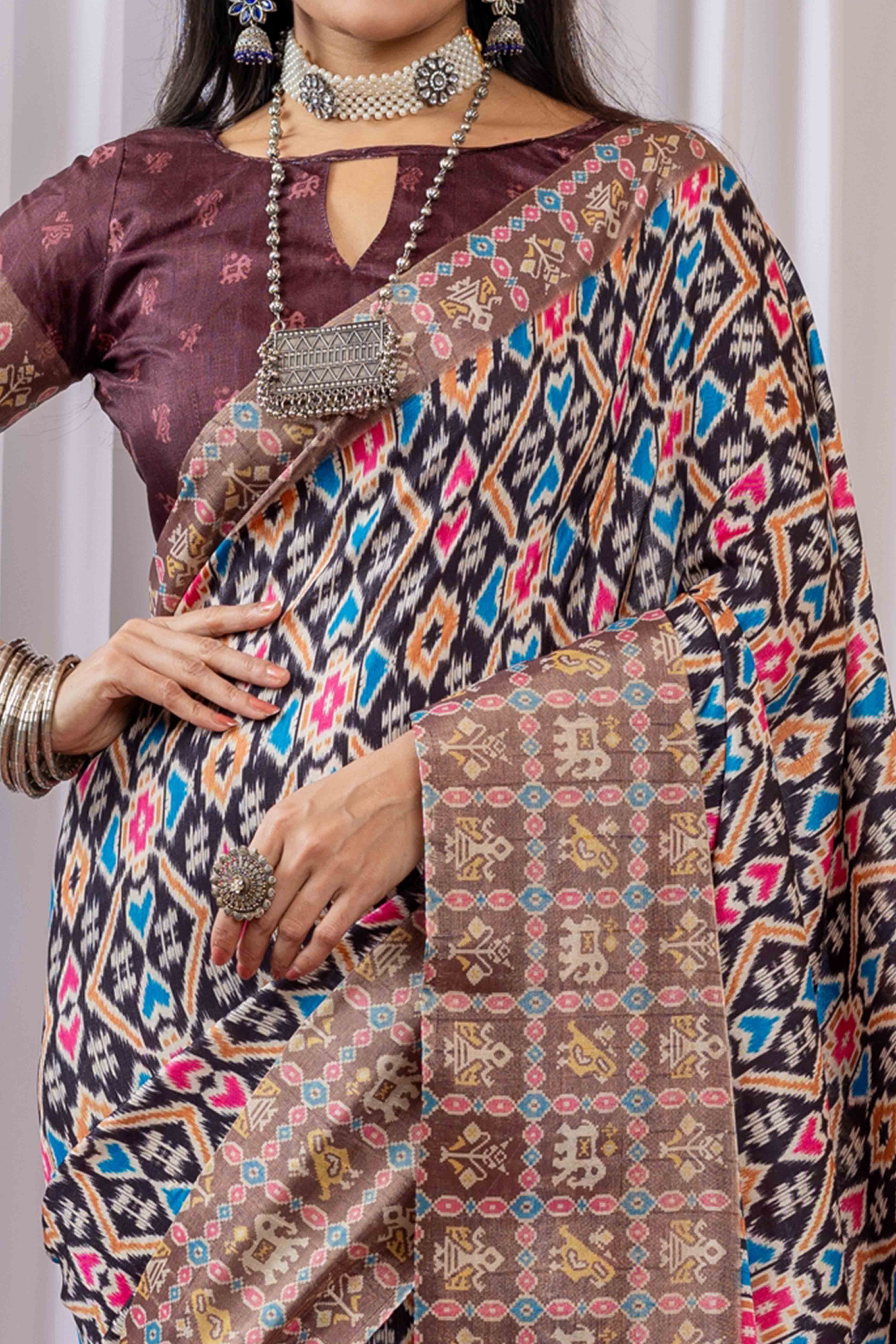 Brown Cotton Silk Saree with Digital Abstract Prints