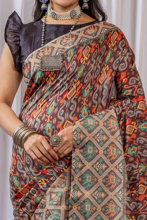 Brown Cotton Silk Saree with Digital Abstract Prints