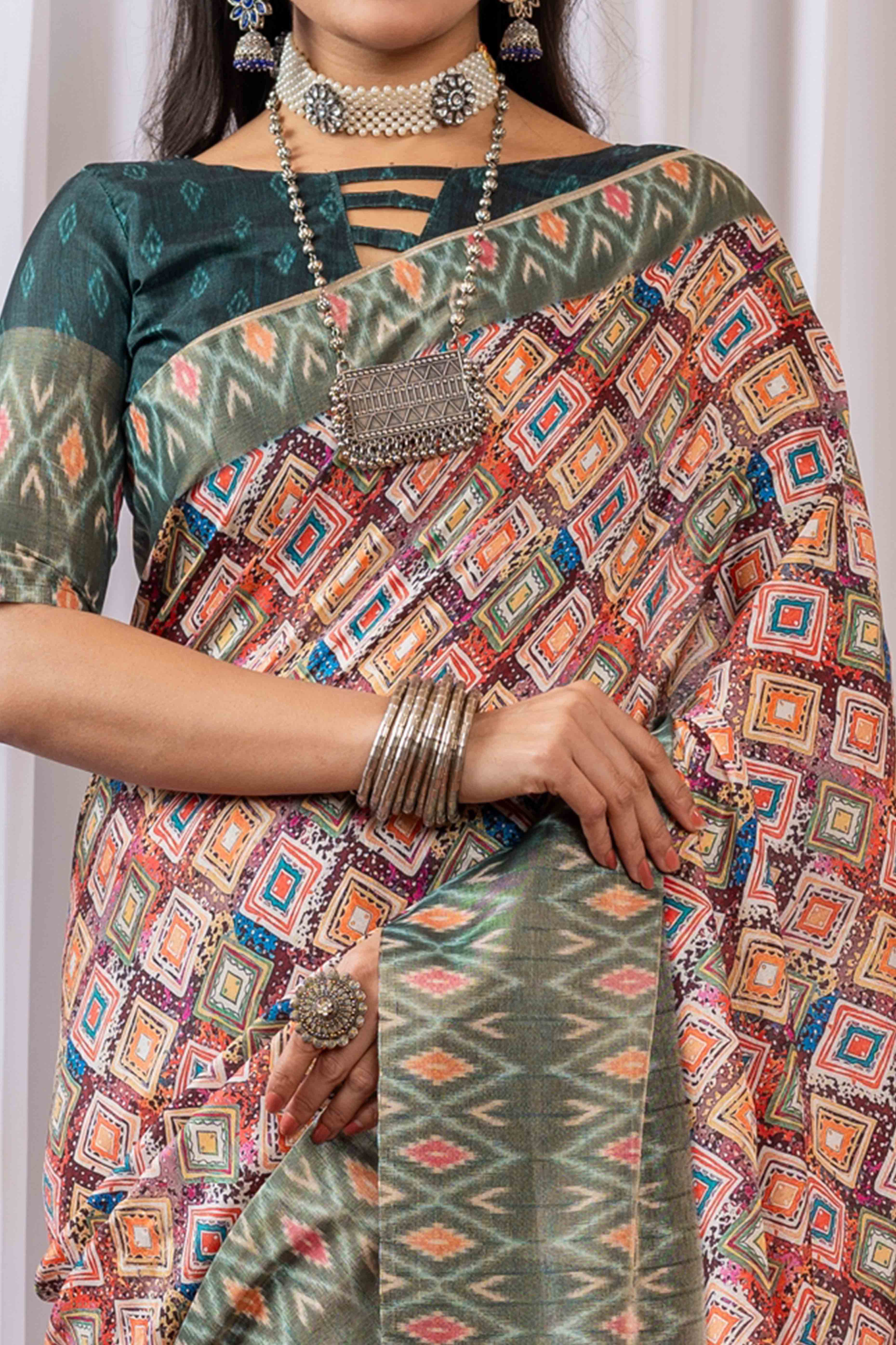 Multicolor Cotton Silk Saree with Digital Abstract Prints