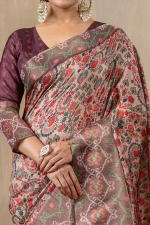 Brown Cotton Silk Saree with Digital Abstract Prints