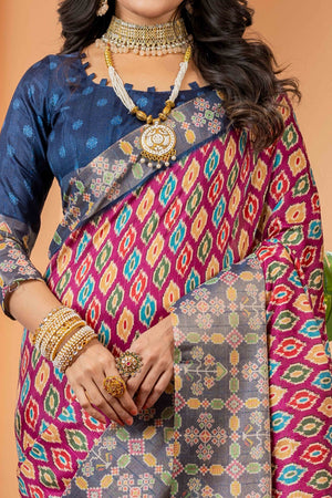 Pink & Blue Cotton Silk Saree with Digital Abstract Prints