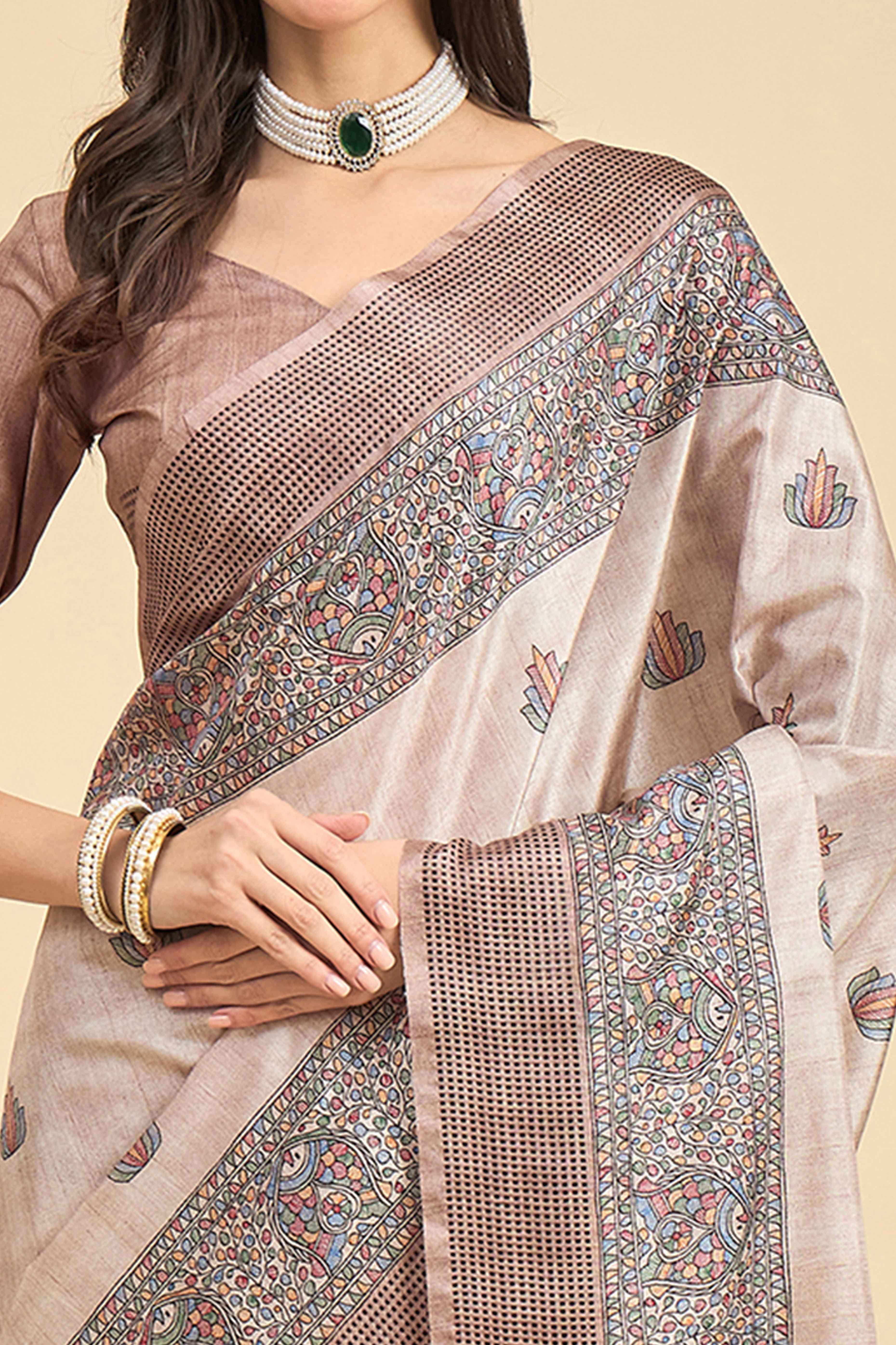 Beige Silk Blend Saree with Floral Prints