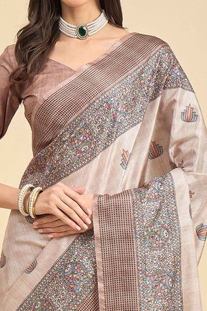Beige Silk Blend Saree with Floral Prints