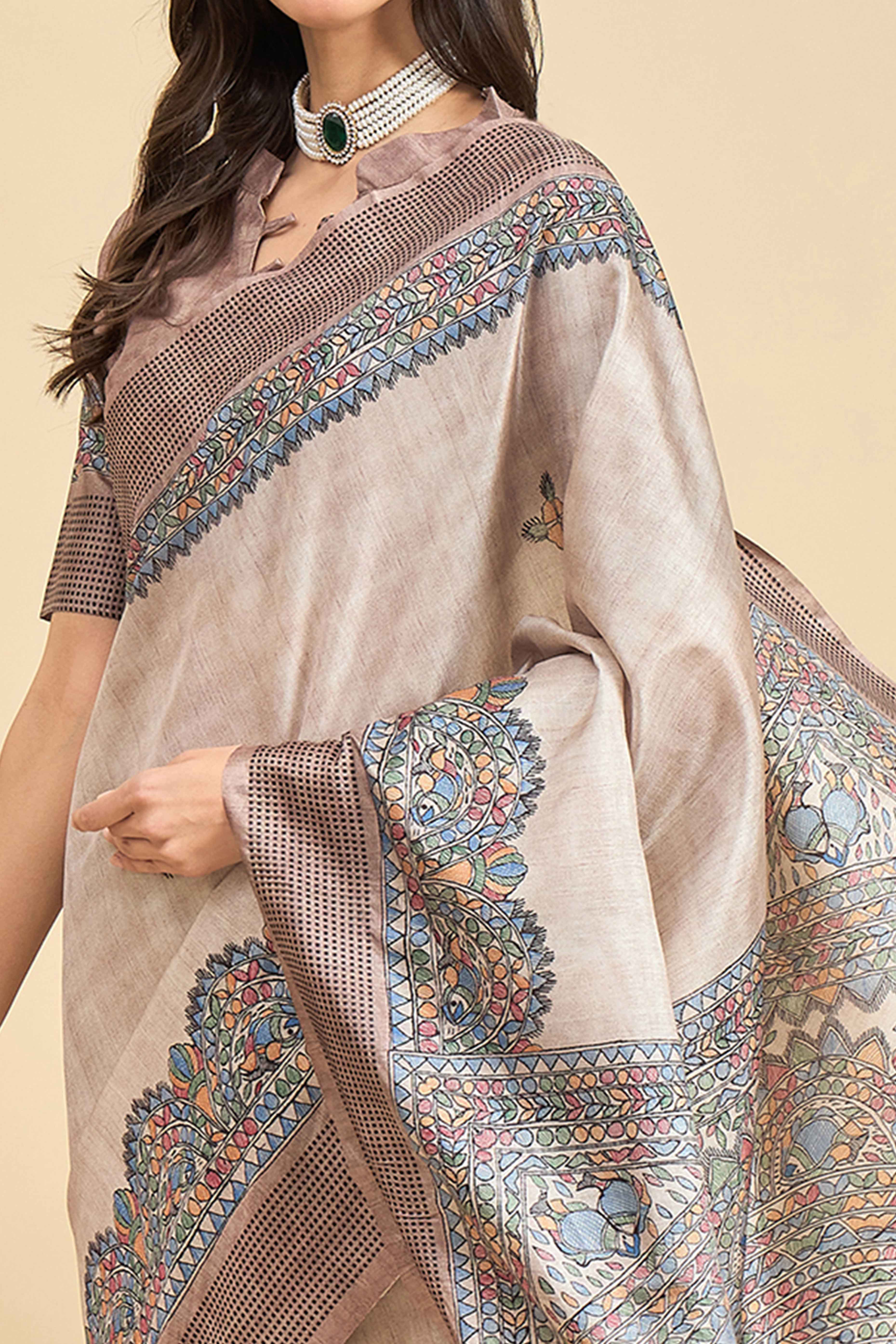 Beige Floral Printed Silk Blend Saree