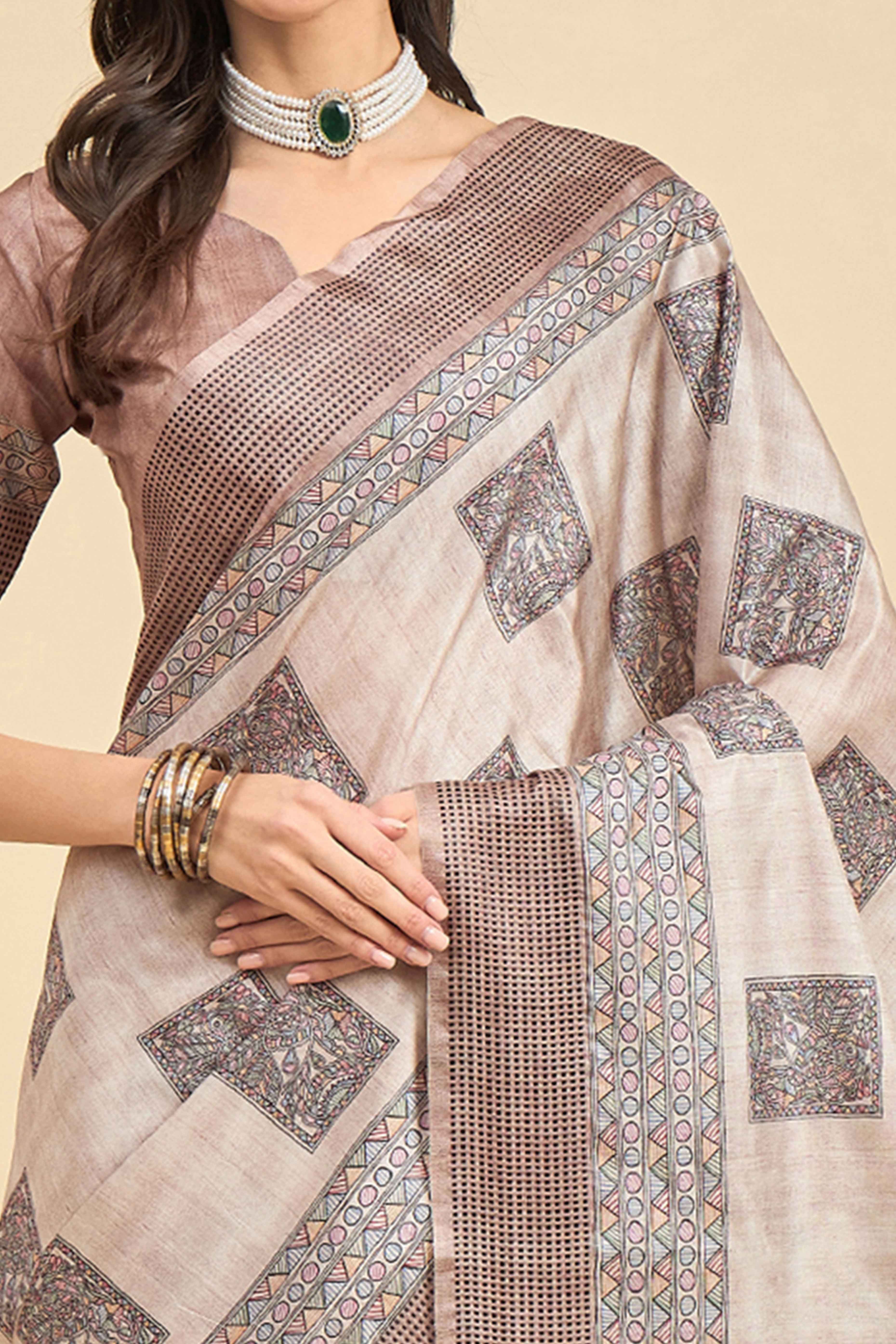 Beige Floral Printed Silk Blend Saree
