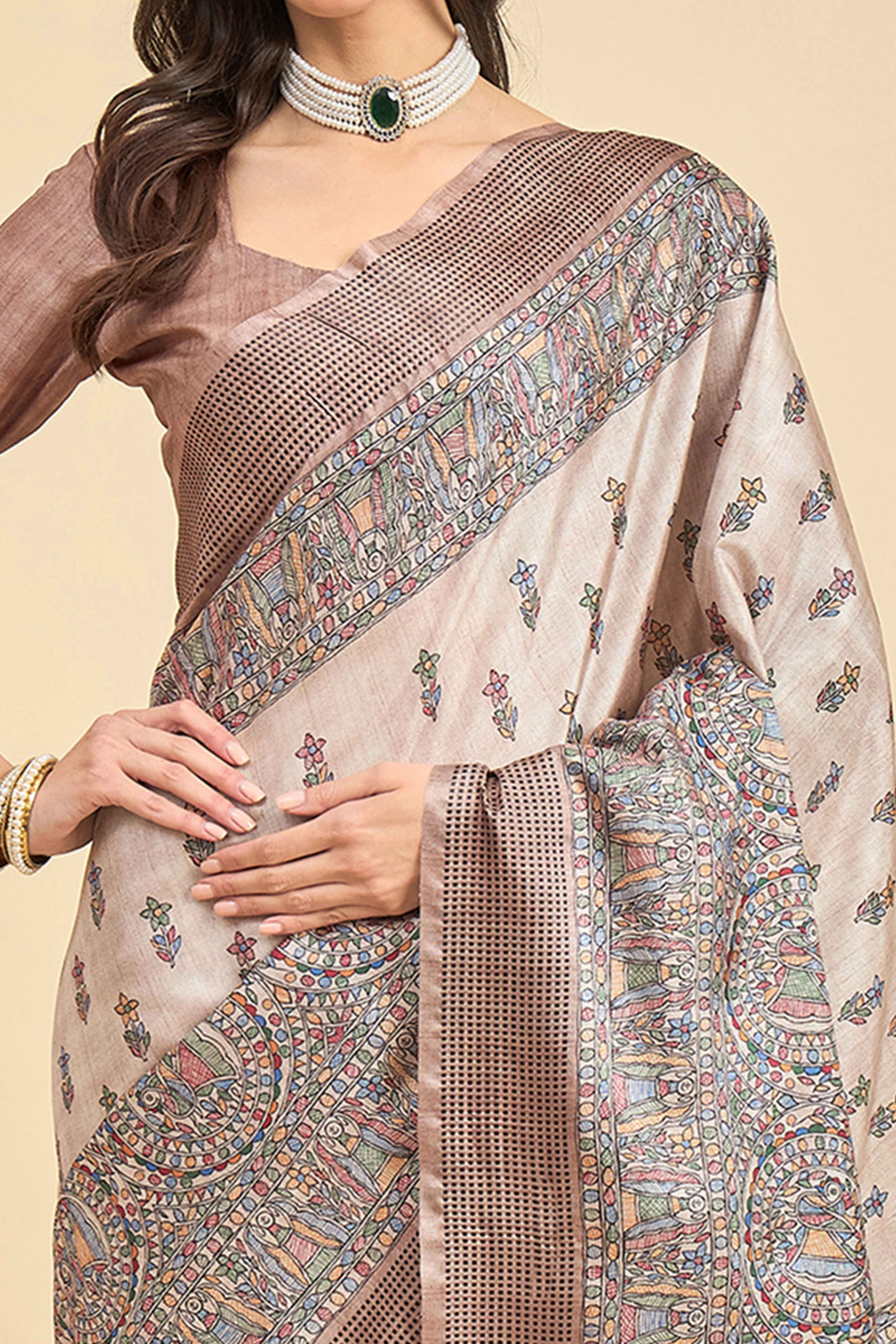 Beige Floral Printed Silk Blend Saree