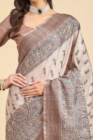 Beige Floral Printed Silk Blend Saree