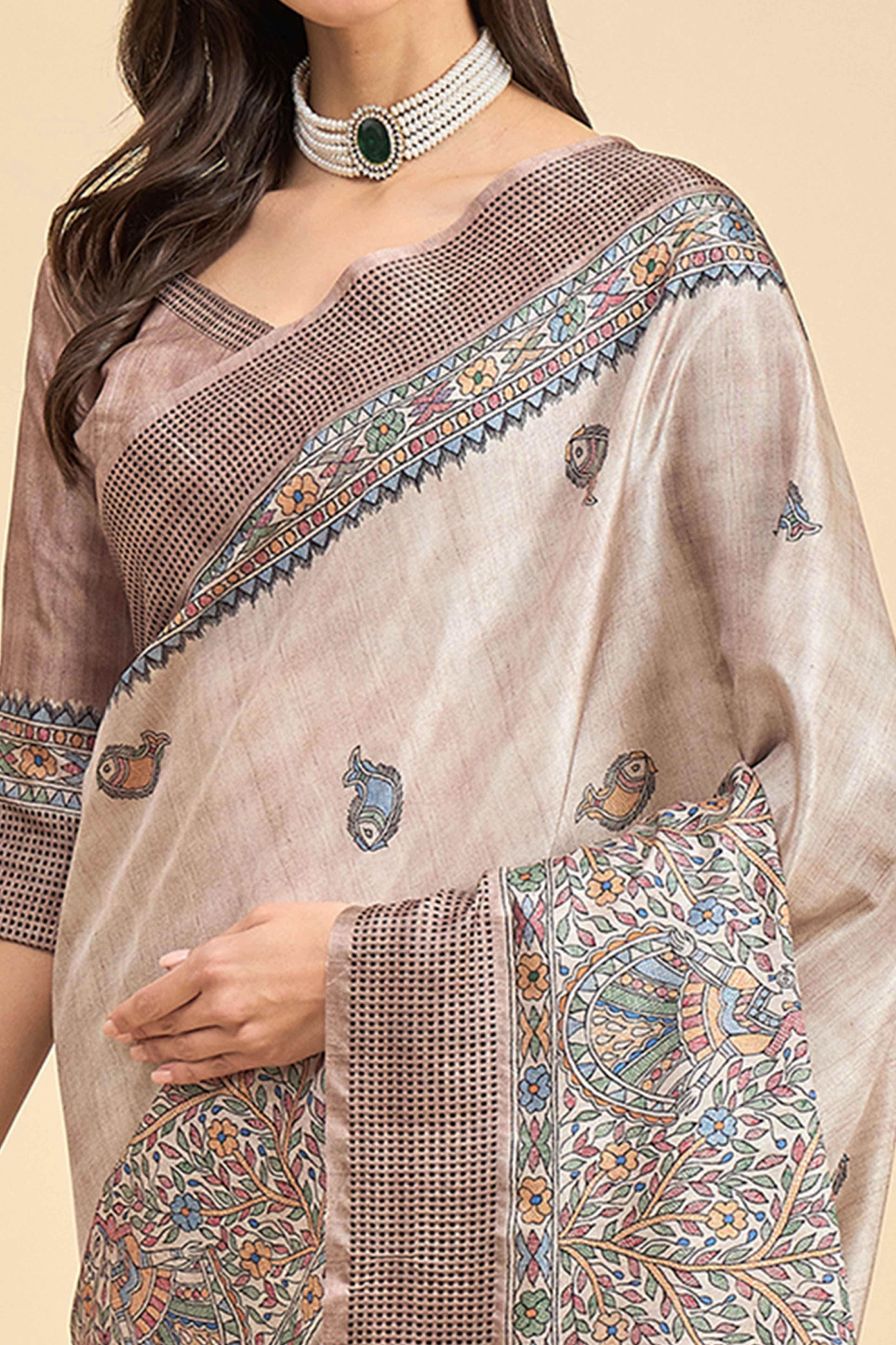 Beige Floral Printed Silk Blend Saree