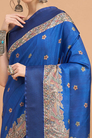 Blue Silk Blend Saree with Delicate Floral Motifs