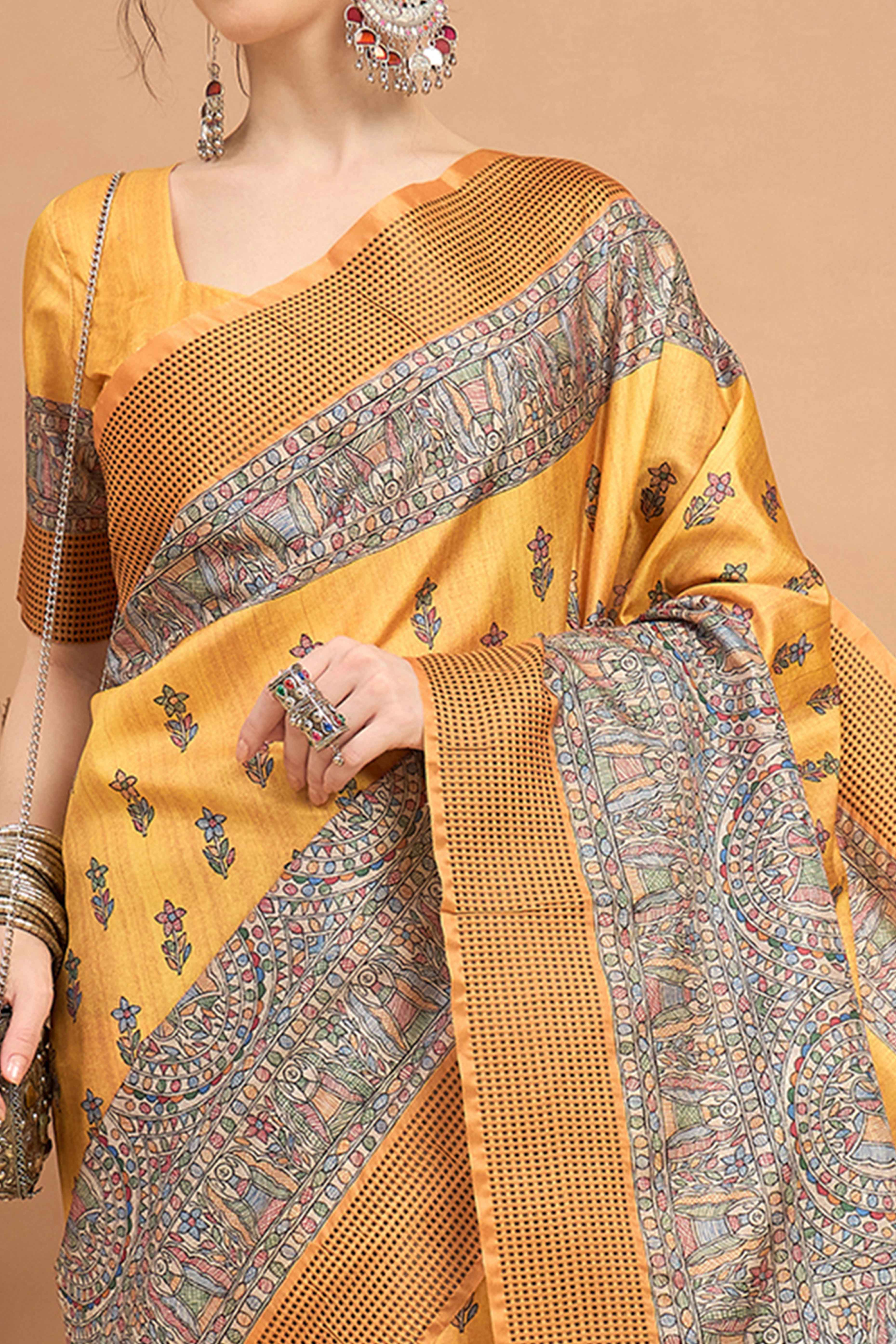 Mustard Silk Blend Saree with Delicate Floral Motifs