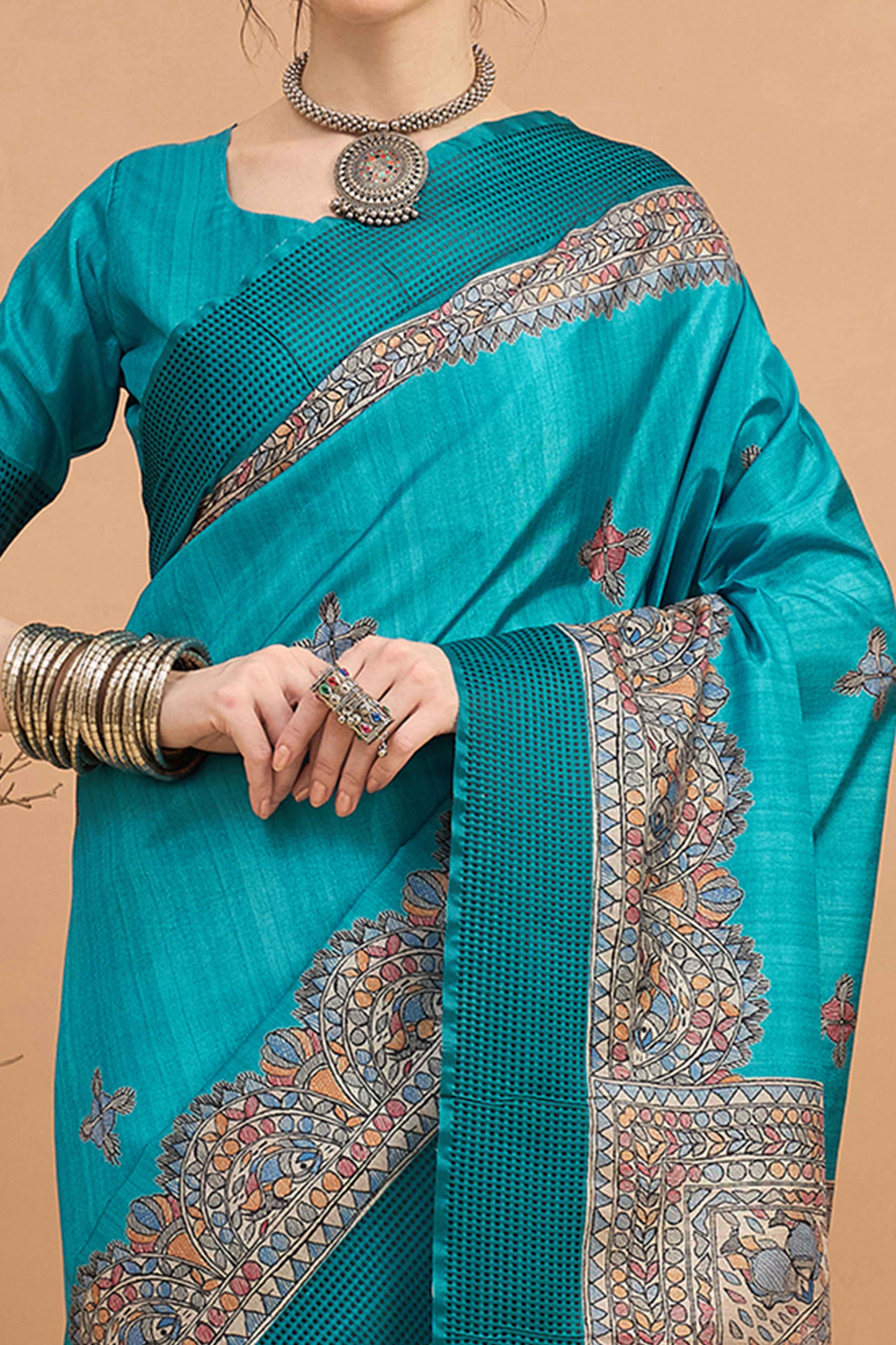 Turquoise Silk Blend Saree with Delicate Floral Motifs