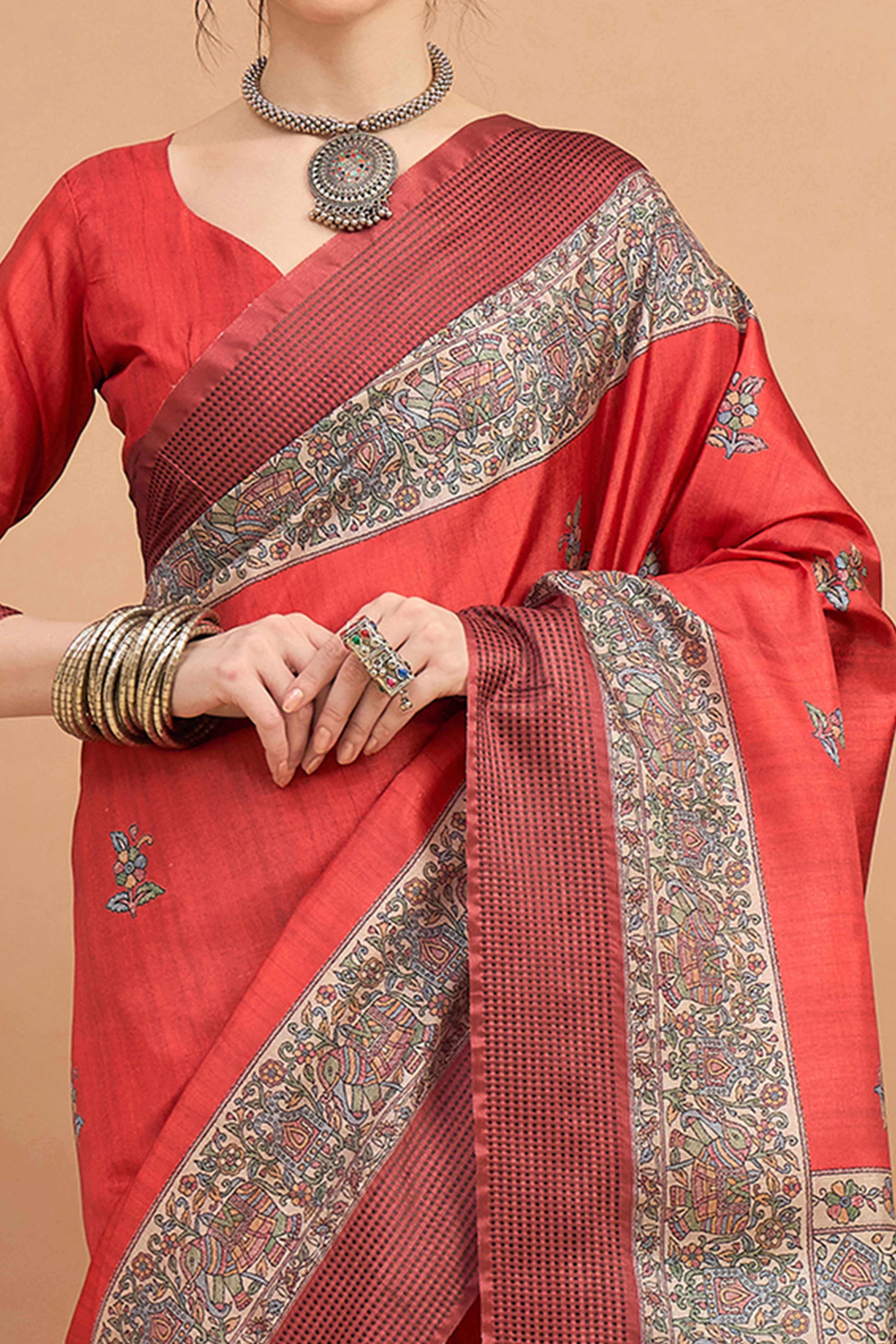 Red Silk Blend Saree with Delicate Floral Motifs