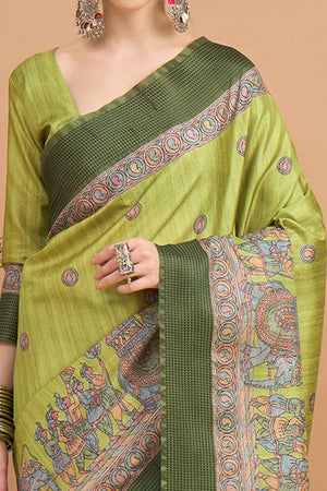 Green Silk Blend Saree with Delicate Floral Motifs