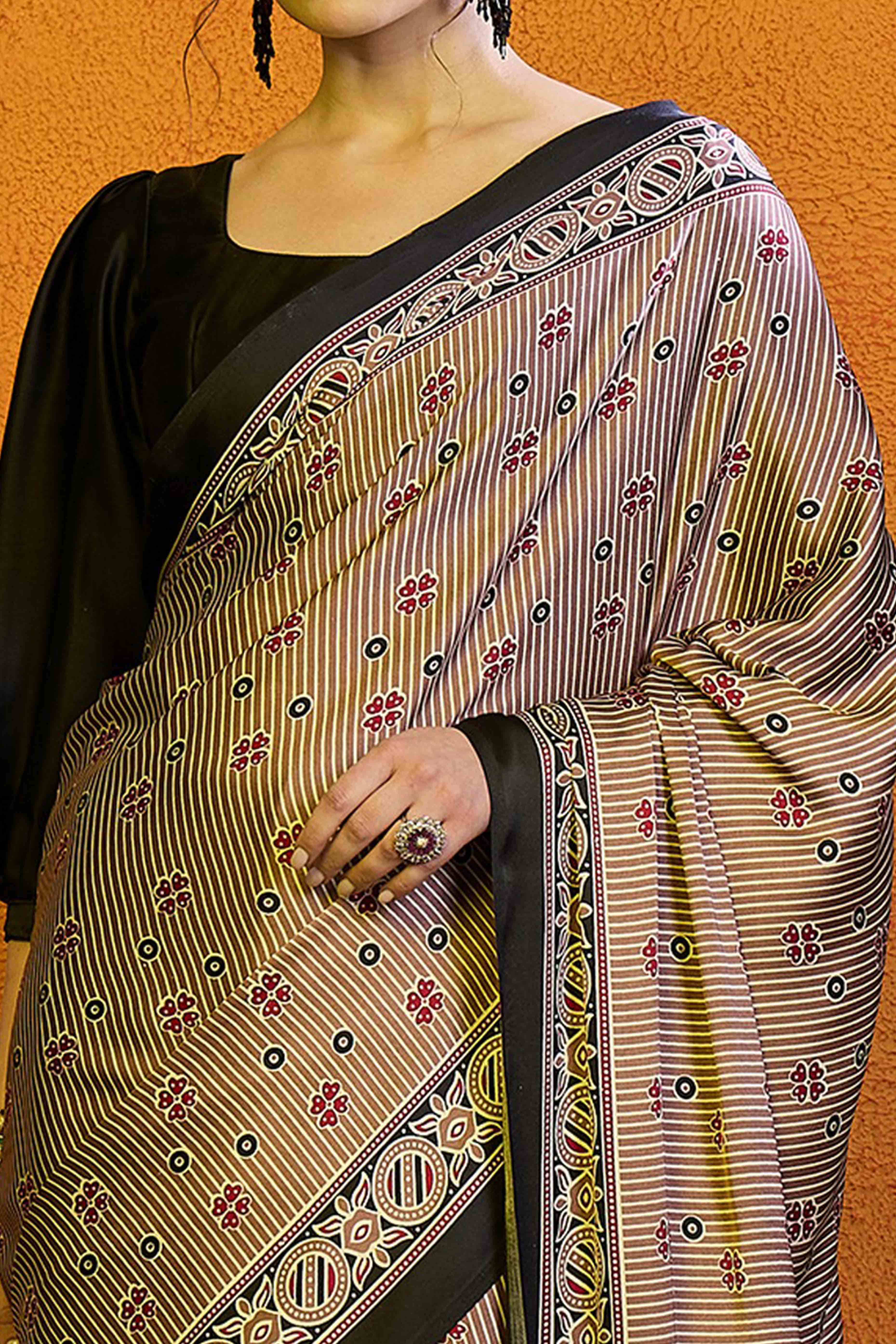 Dusty Peach Floral With Striped Printed Modal Satin Saree