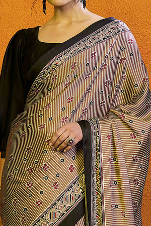 Dusty Peach Floral With Striped Printed Modal Satin Saree