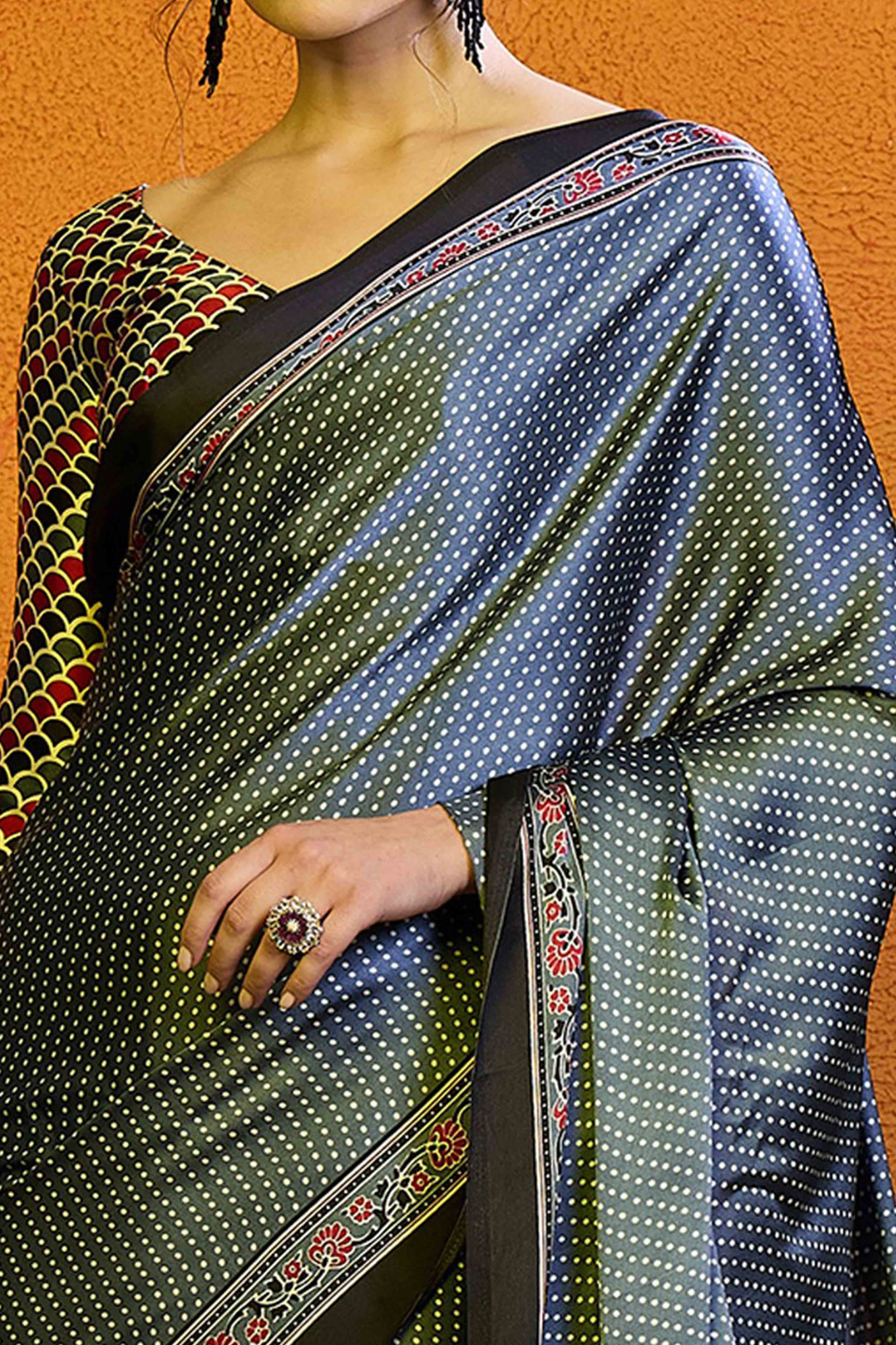 Blue Printed Modal Satin Saree