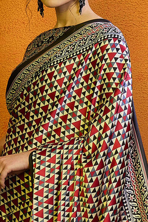 Black & Red Geometric Printed Modal Satin Saree