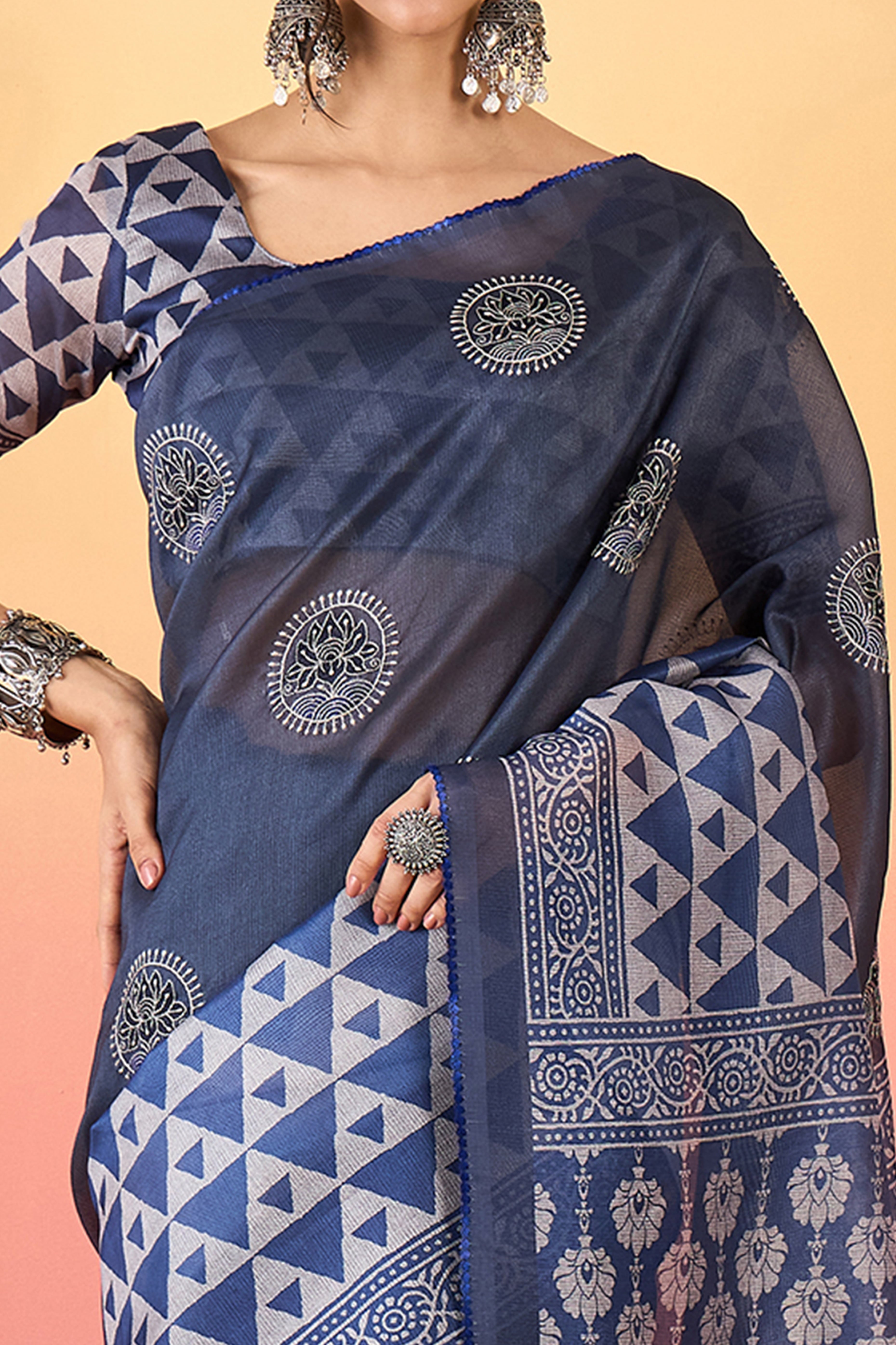 Navy Blue Floral Embroidered Saree Made from Premium Lightweight Silk Blend Material