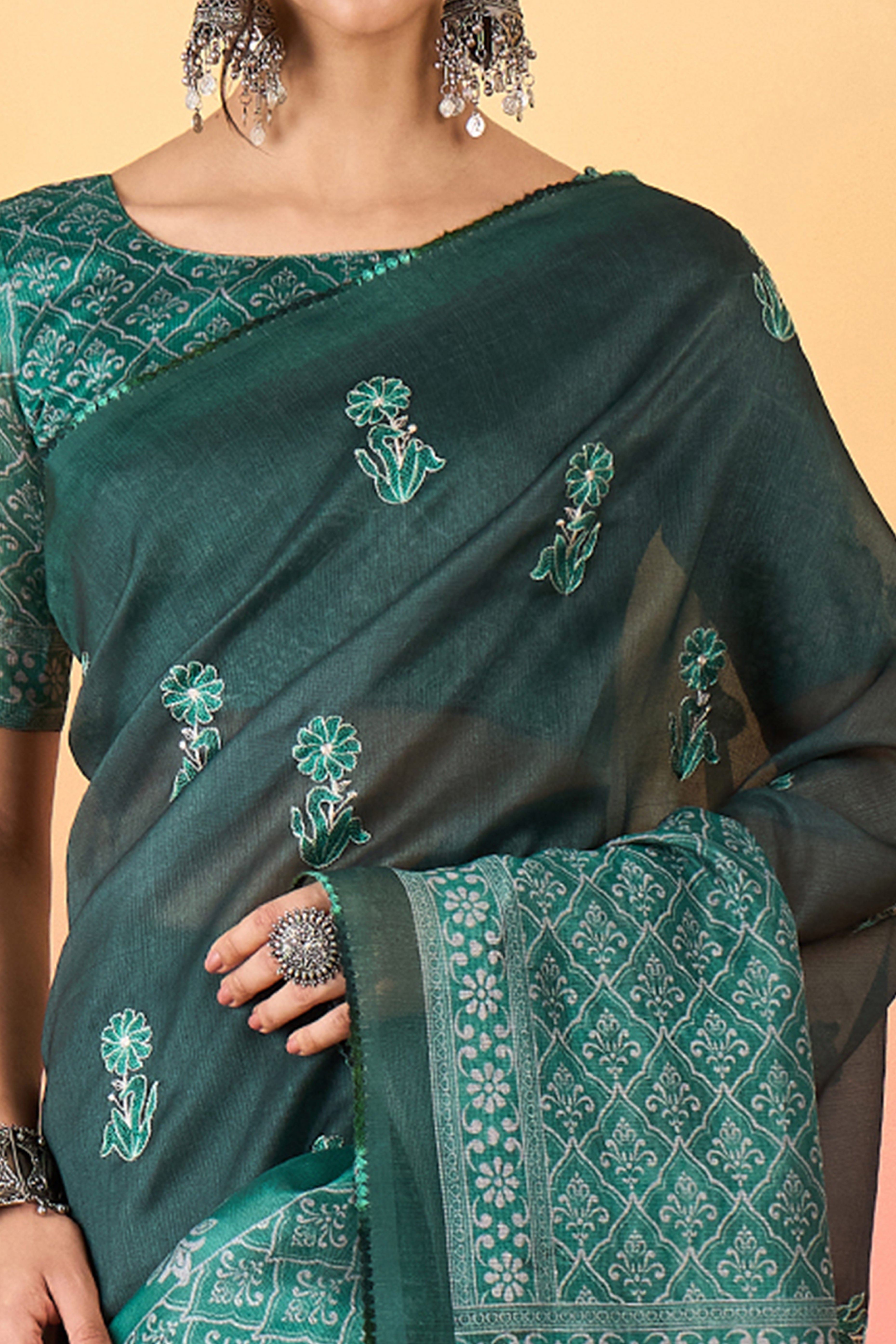 Green Floral Embroidered Saree Made from Premium Lightweight Silk Blend Material