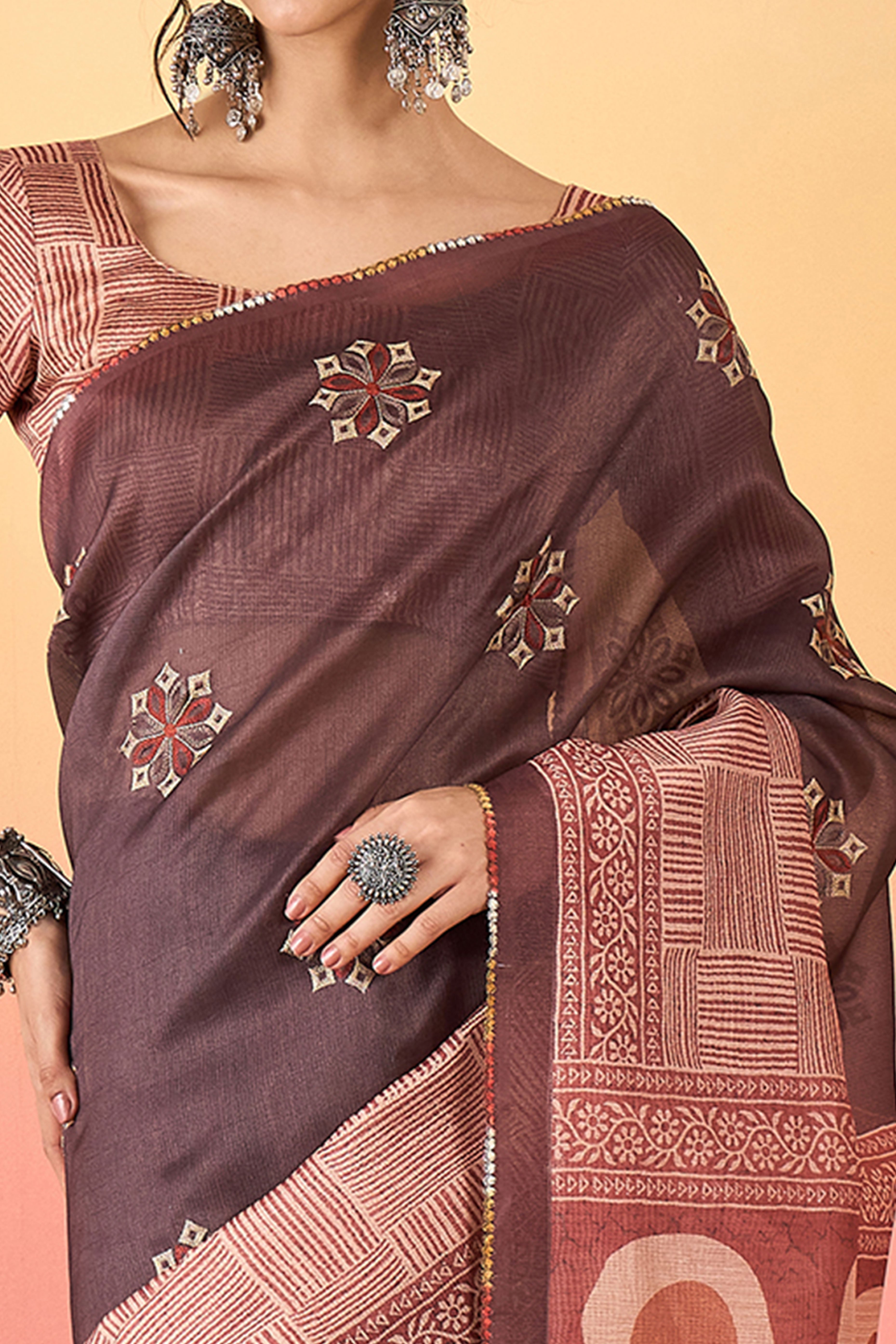Light Coffee Brown Floral Embroidered Saree Made from Premium Lightweight Silk Blend Material