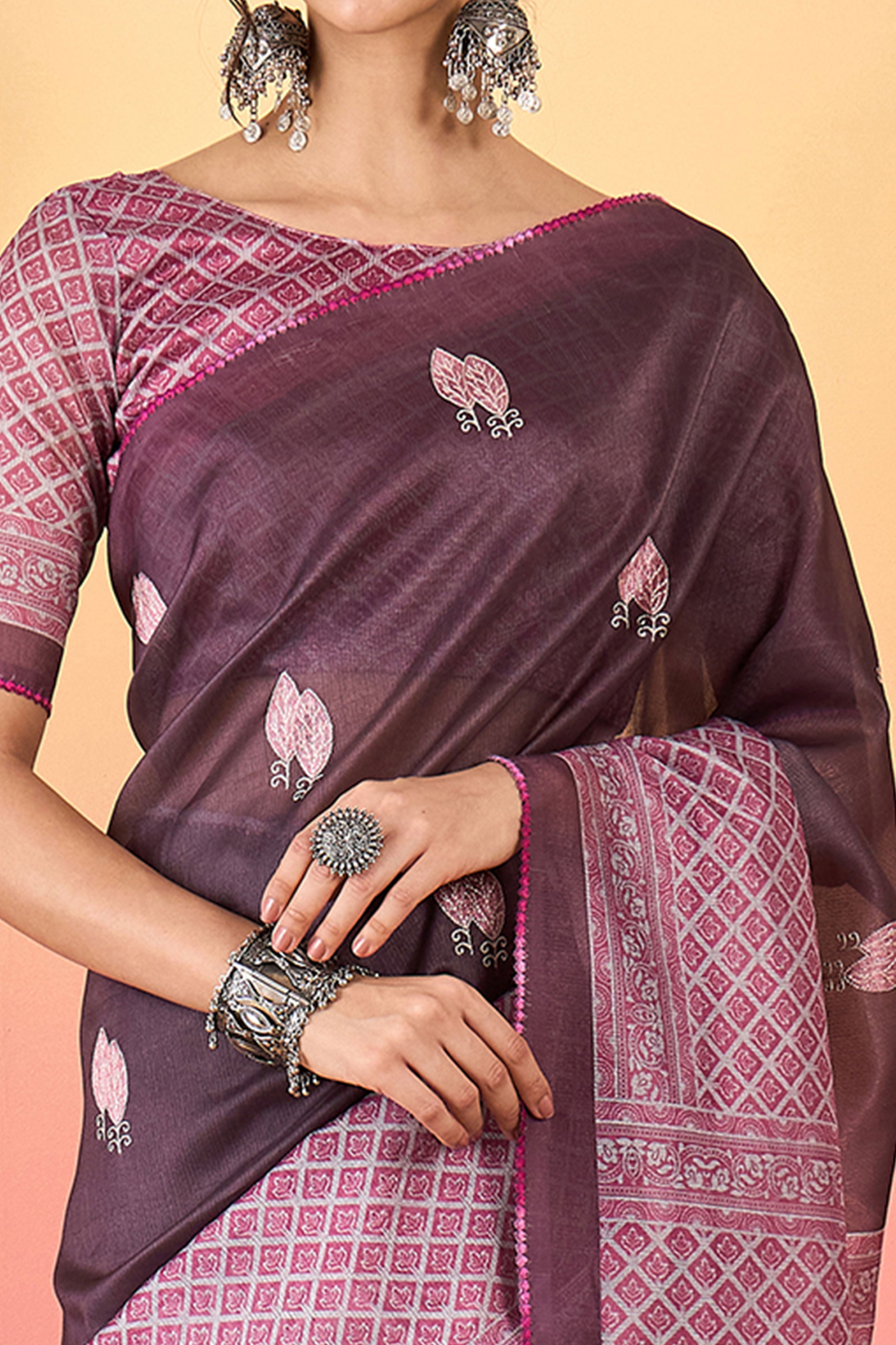 Wine Floral Embroidered Saree Made from Premium Lightweight Silk Blend Material