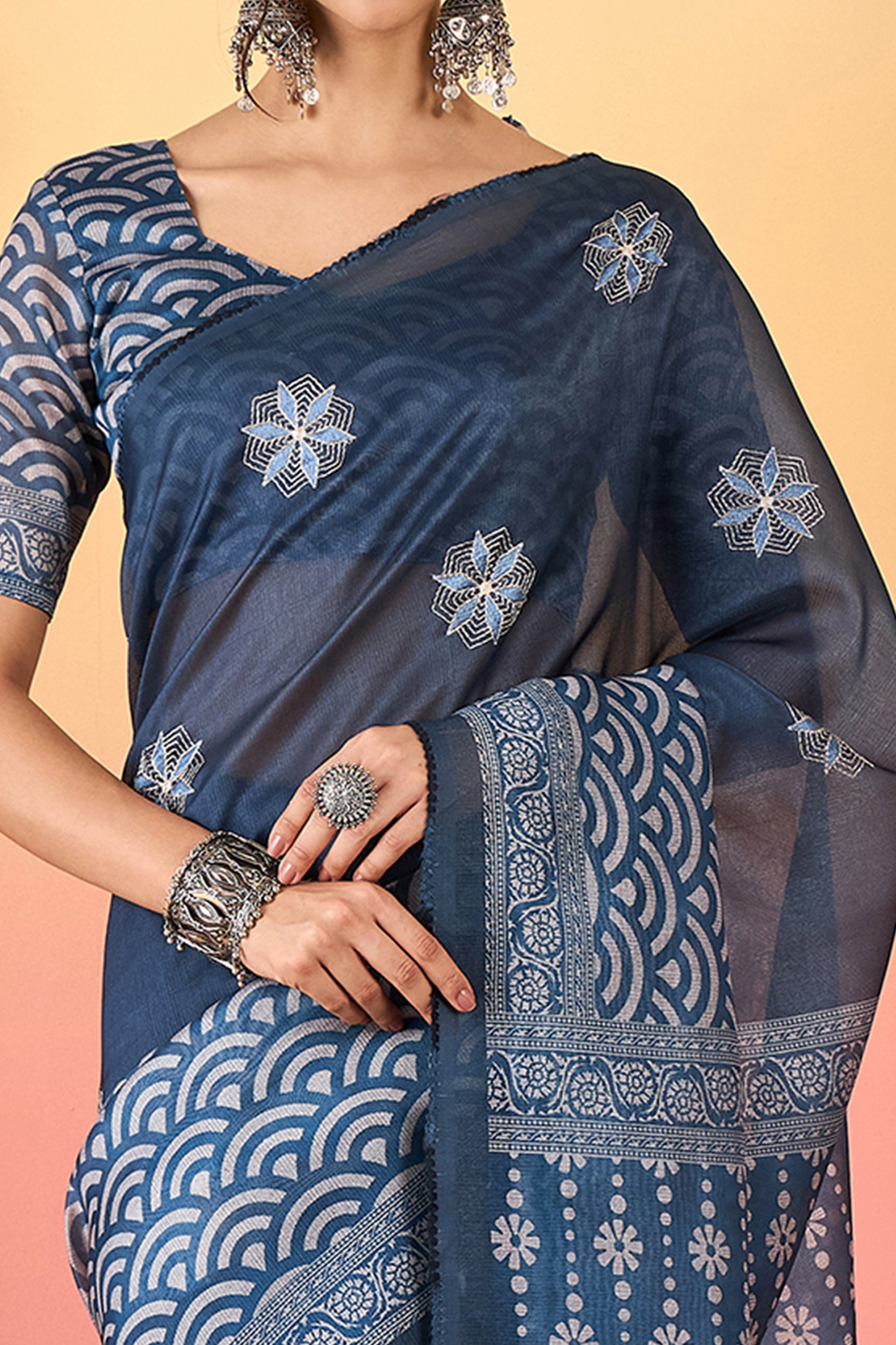 Navy Blue Floral Embroidered Saree Made from Lightweight Silk Blend Material