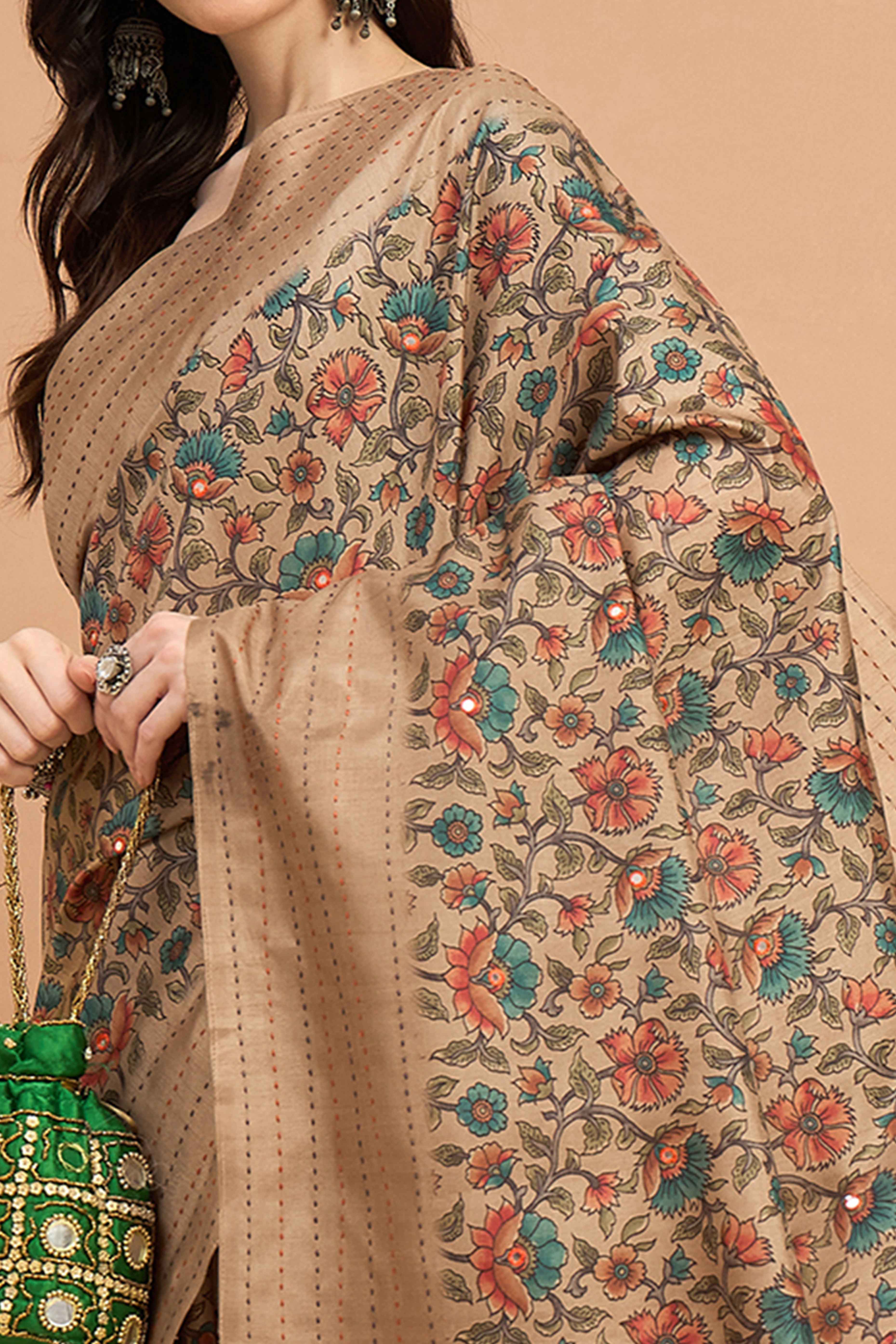 Stunning Beige Floral Printed Kozi Art Silk Saree With Shimmering Mirror & Intricate Katha Stitched