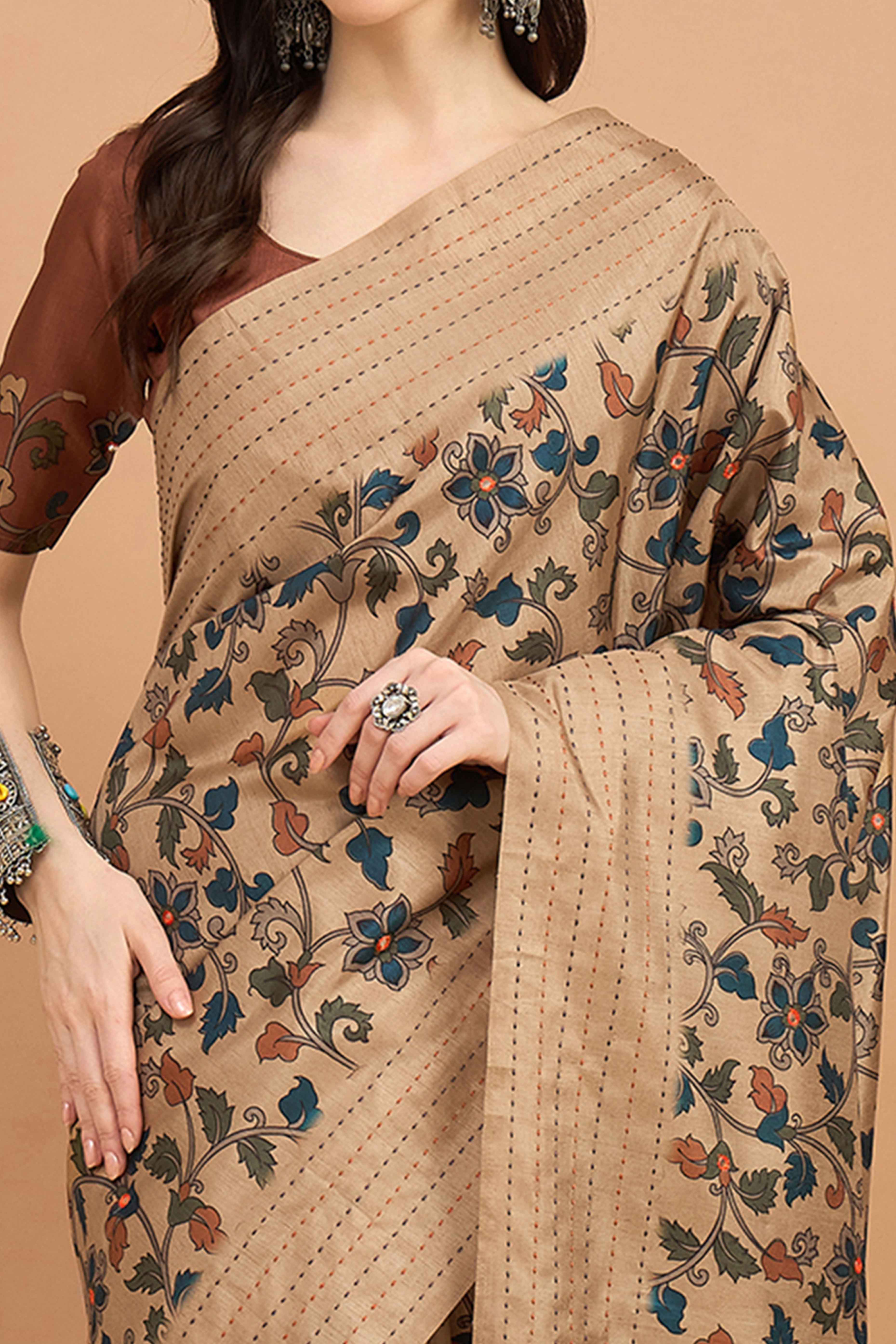 Elegant Beige Floral Printed Kozi Art Silk Saree With Shimmering Mirror & Intricate Katha Stitched