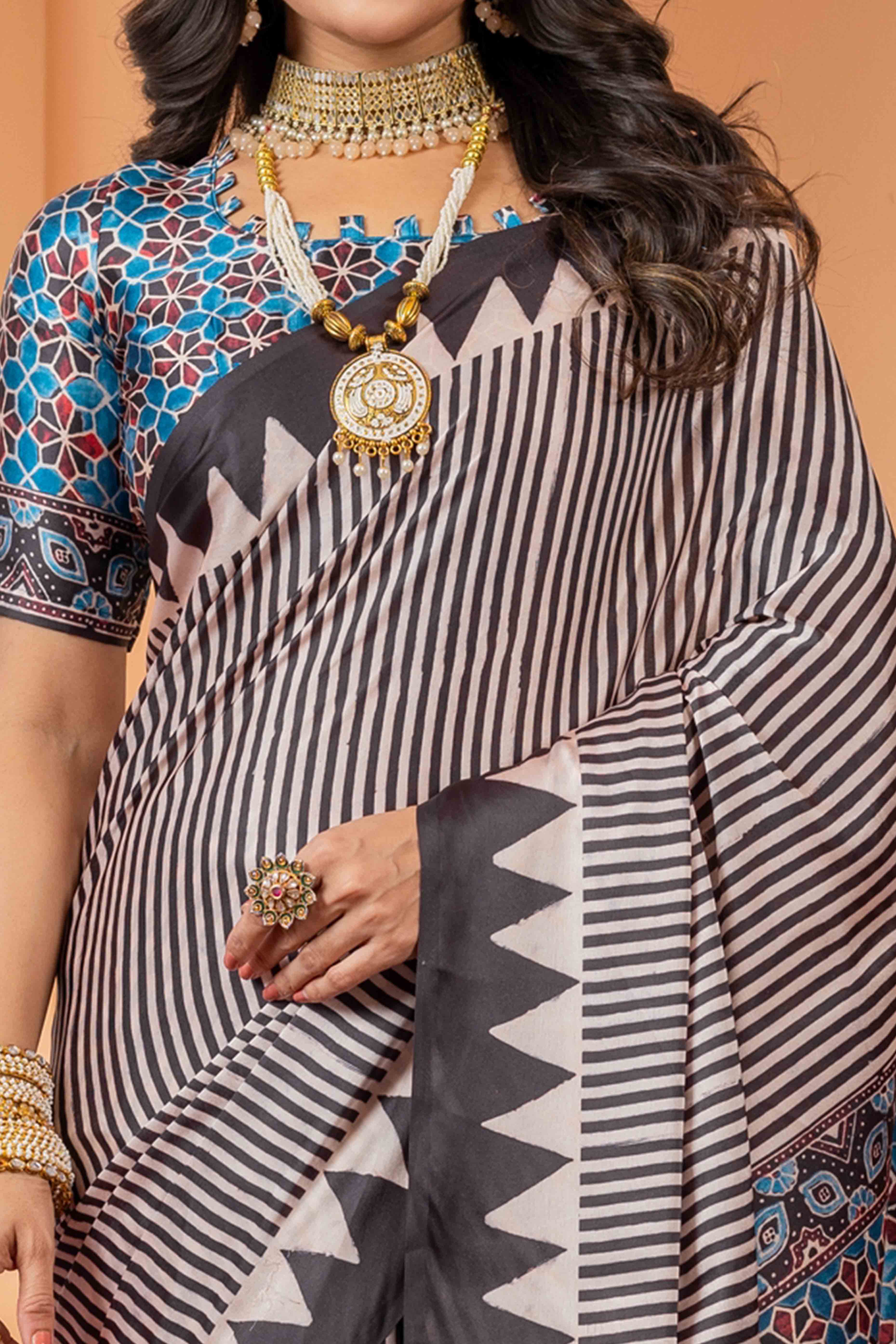 Elegant Black & Cream Satin Saree with Geometric Patterns