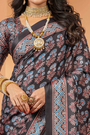 Elegant Black Satin Saree with Floral Patterns