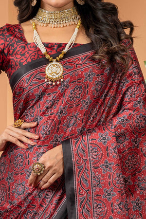 Elegant Maroon Satin Saree with Ajrakh Patterns