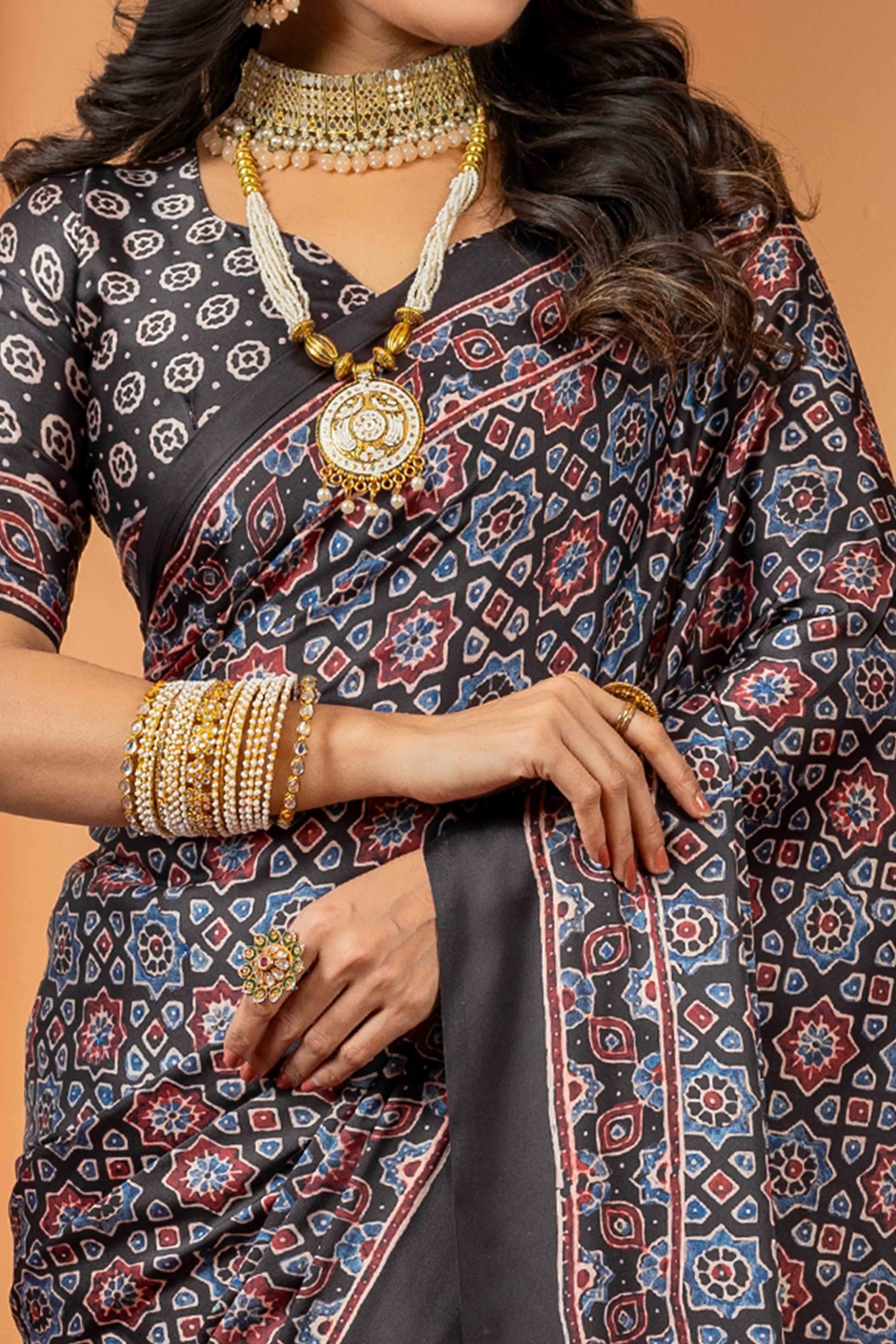 Elegant Black Satin Saree with Ajrakh Patterns