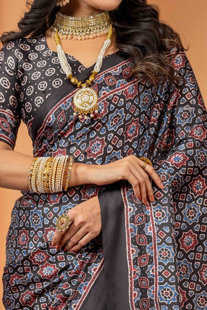 Elegant Black Satin Saree with Ajrakh Patterns