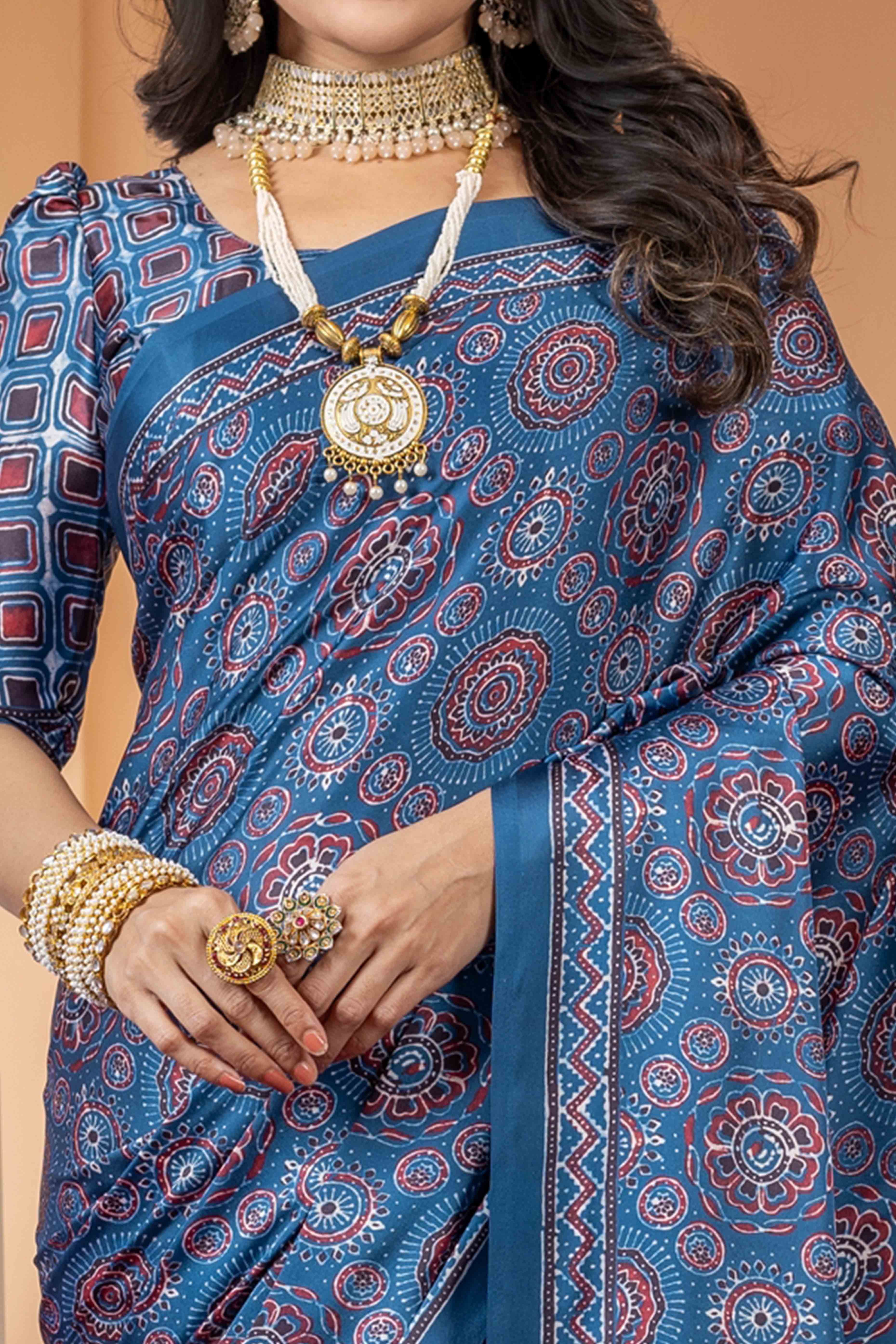 Elegant Blue Satin Saree with Ajrakh Patterns