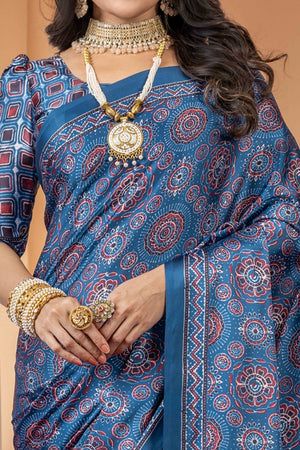 Elegant Blue Satin Saree with Ajrakh Patterns
