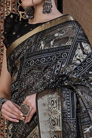 Black Viscose Saree Featuring Delicate Floral Prints and a Rich Zari Border