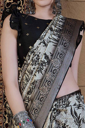 Timeless Off-White Floral Printed Viscose Saree with Traditional Zari Woven Edge