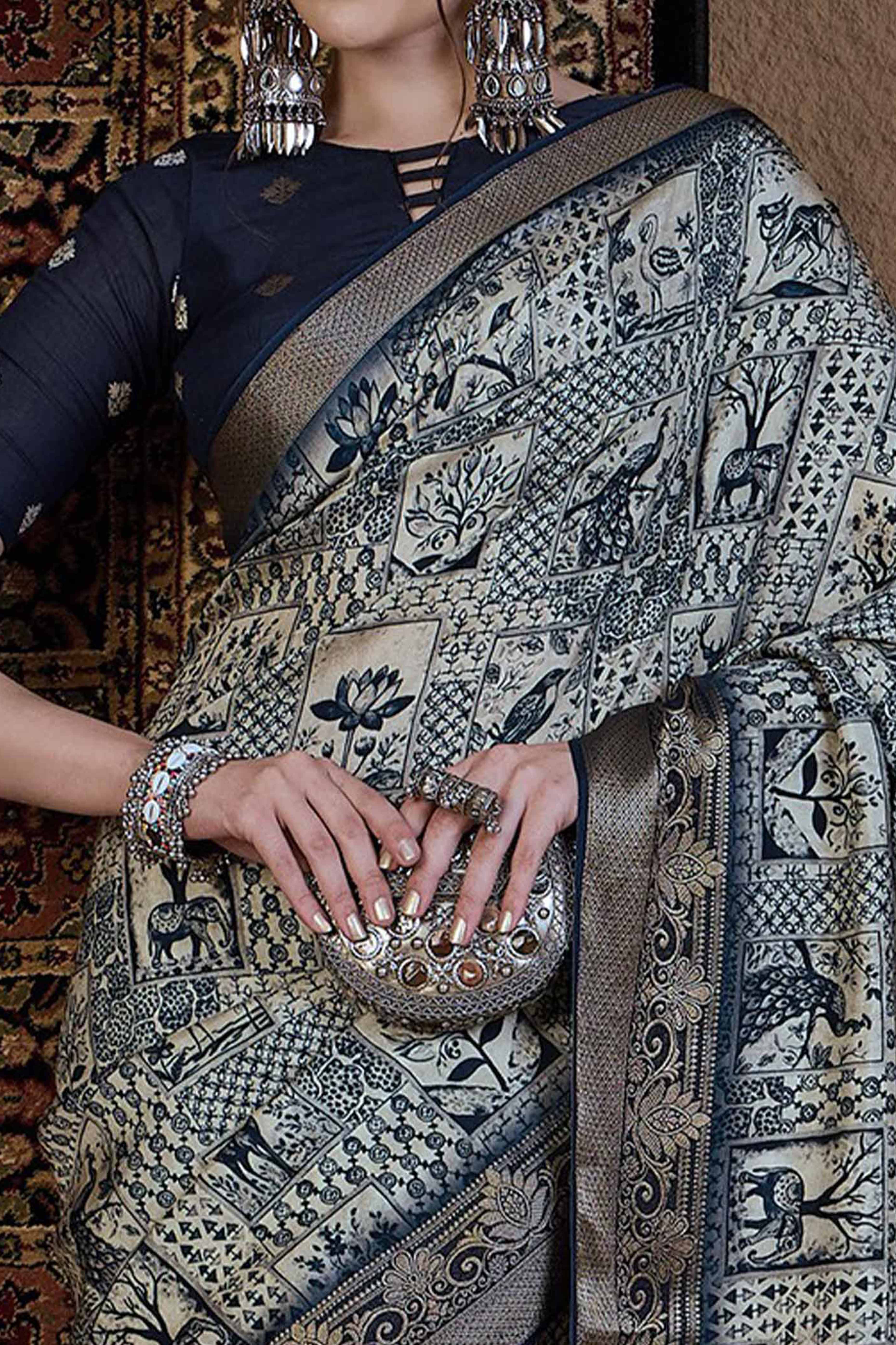 Beige Viscose Saree Featuring Delicate Floral Prints and a Rich Zari Border