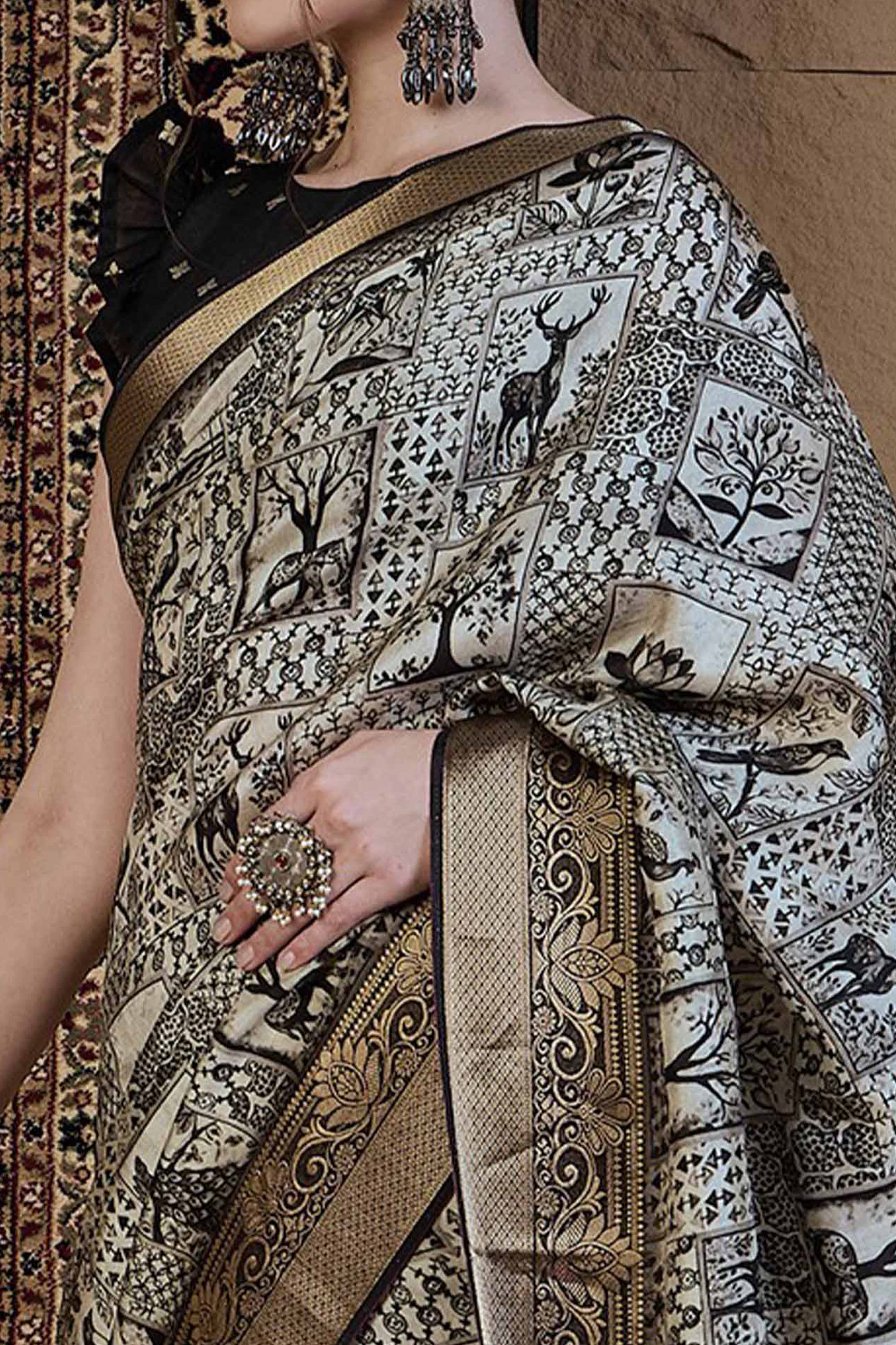 Off White Viscose Drape with Gentle Floral Designs and a Touch of Heritage Zari Work