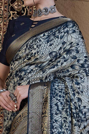 Floral Elegance in Off White Viscose Saree with Subtle Prints and Rich Zari Weave