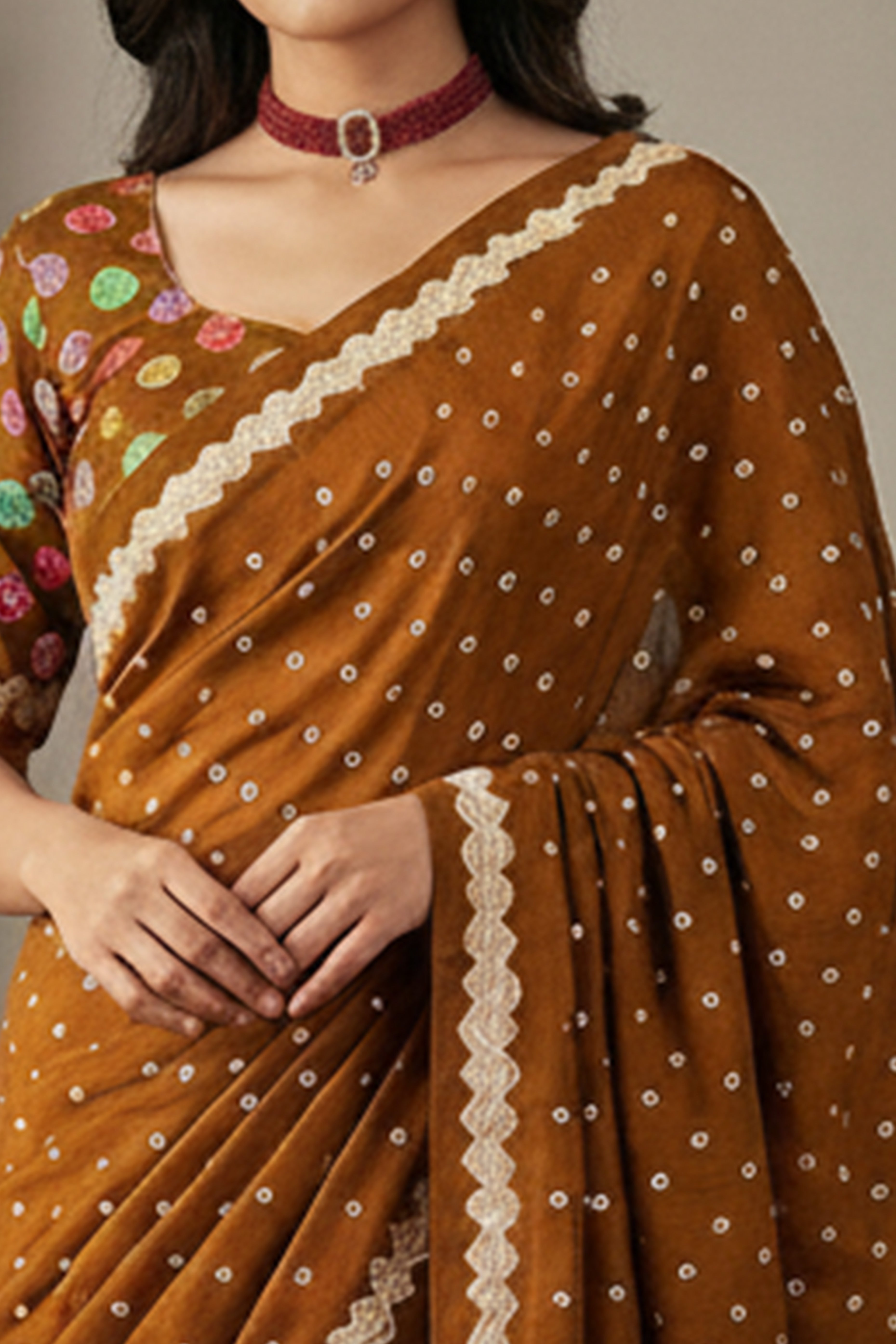 Brown Bandhani Print Premium Pure Dola Viscose Saree Party Essential