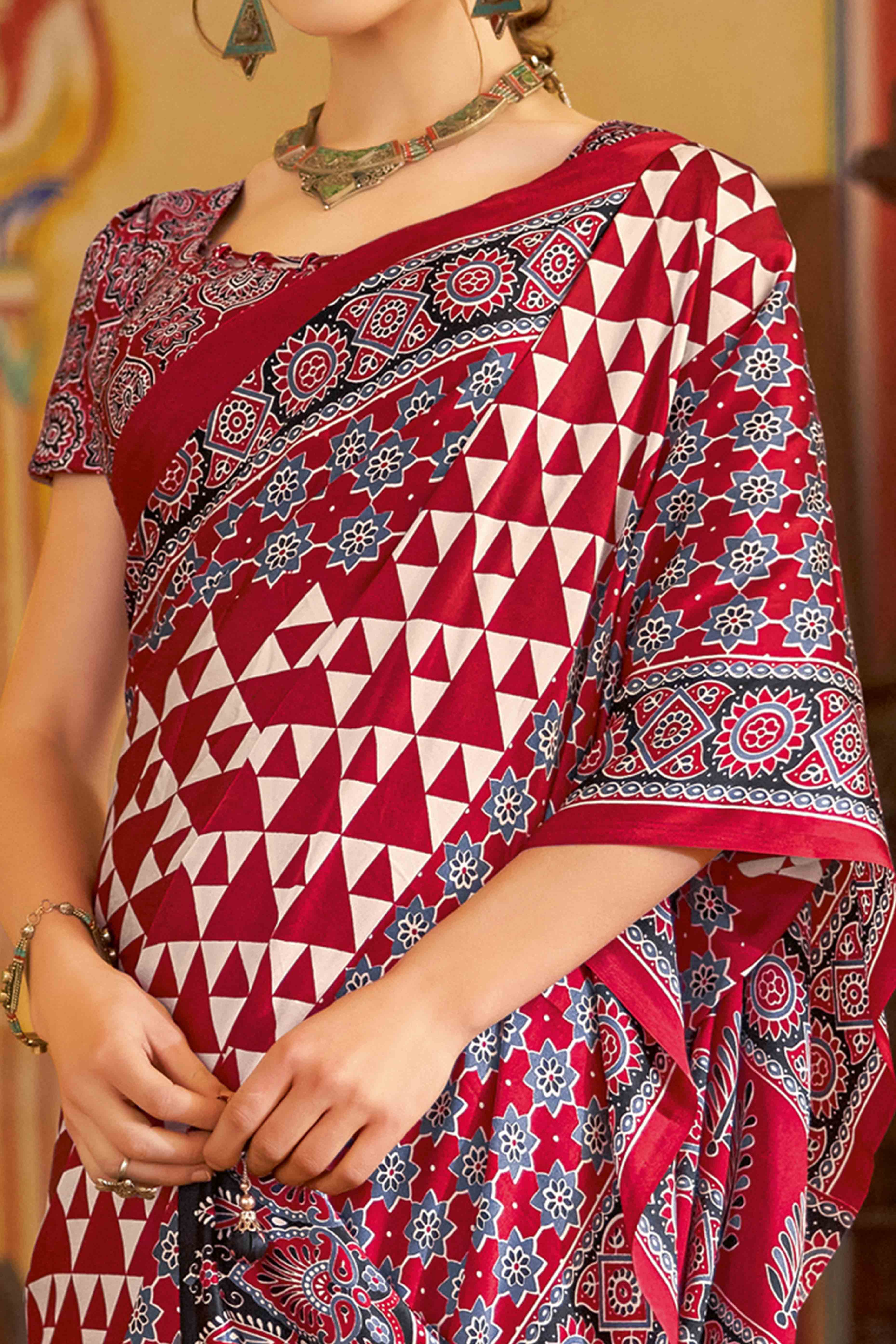 Red Geometric Printed Satin Saree With Tassels