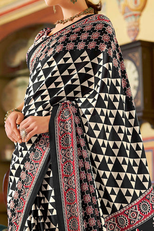 Black Geometric Printed Satin Saree With Tassels