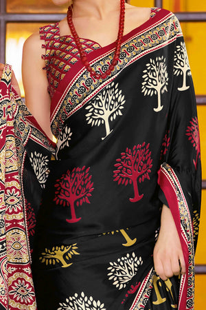 Black Floral Ajrakh Printed Satin Saree With Tassels