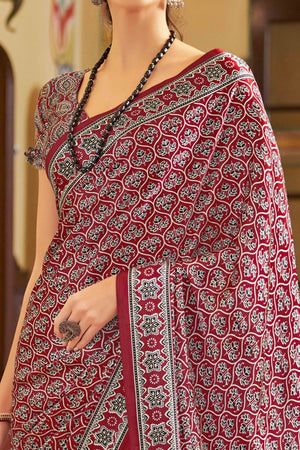 Maroon Floral Ajrakh Printed Satin Saree With Tassels