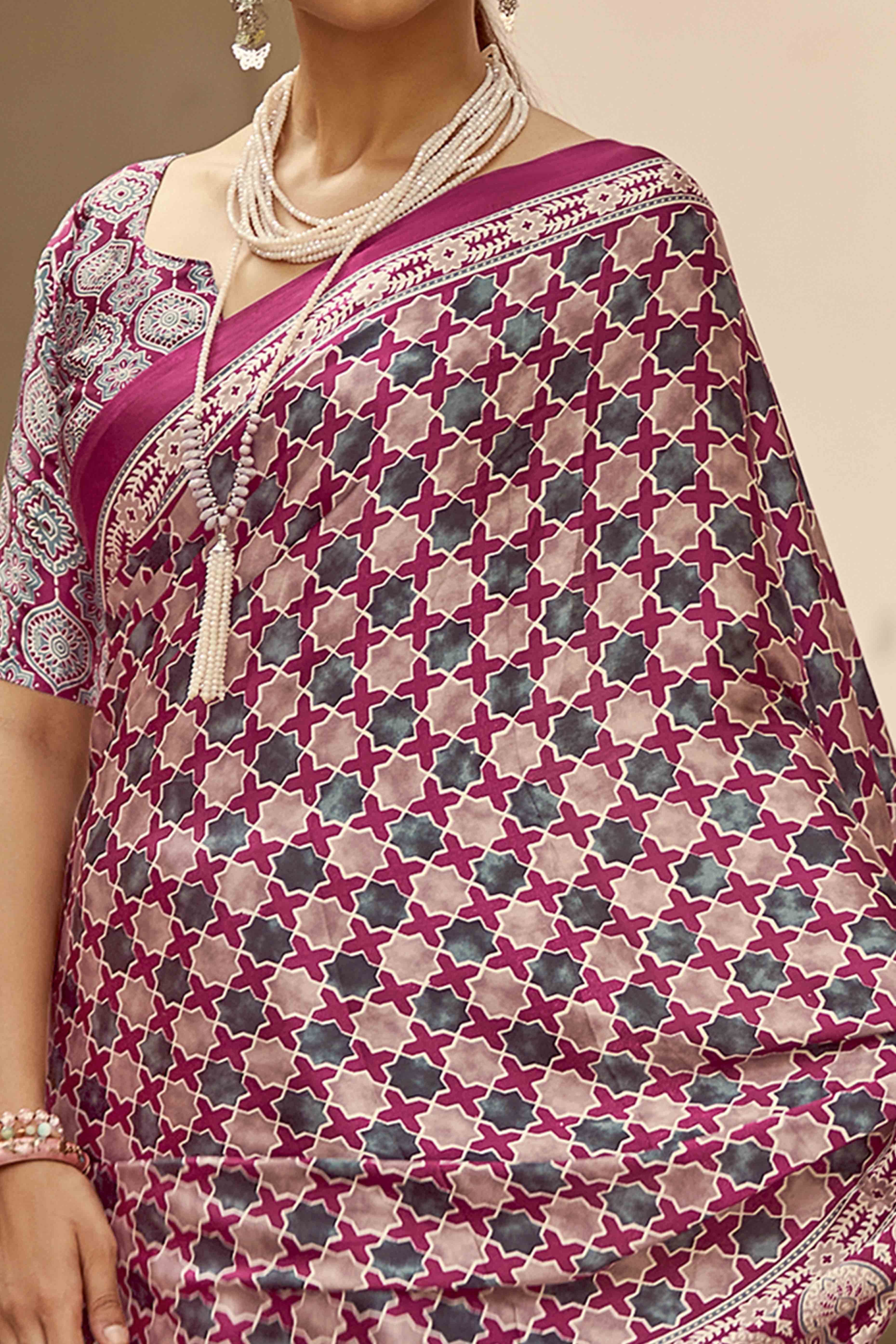 Purple Geometric Ajrakh Printed Satin Saree With Tassels